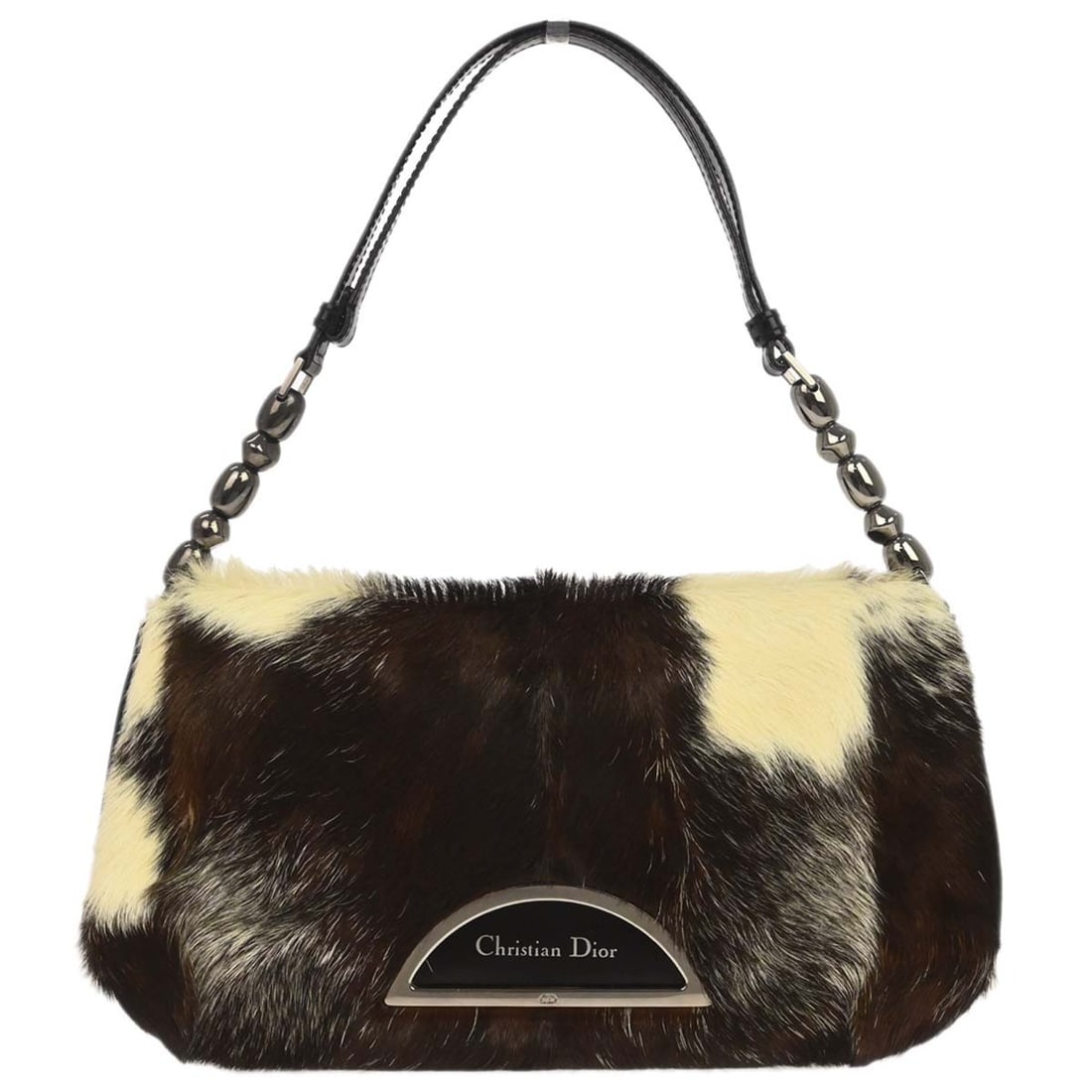 Dior Malice Patent Leather Fur Shoulder Bag Black Brown MA-0050: Dior Malice Patent Leather Fur Shoulder Bag Black Brown MA-0050 This Christian Dior Malice handbag features a striking combination of black and brown fur accents with patent leather exterior. The medi