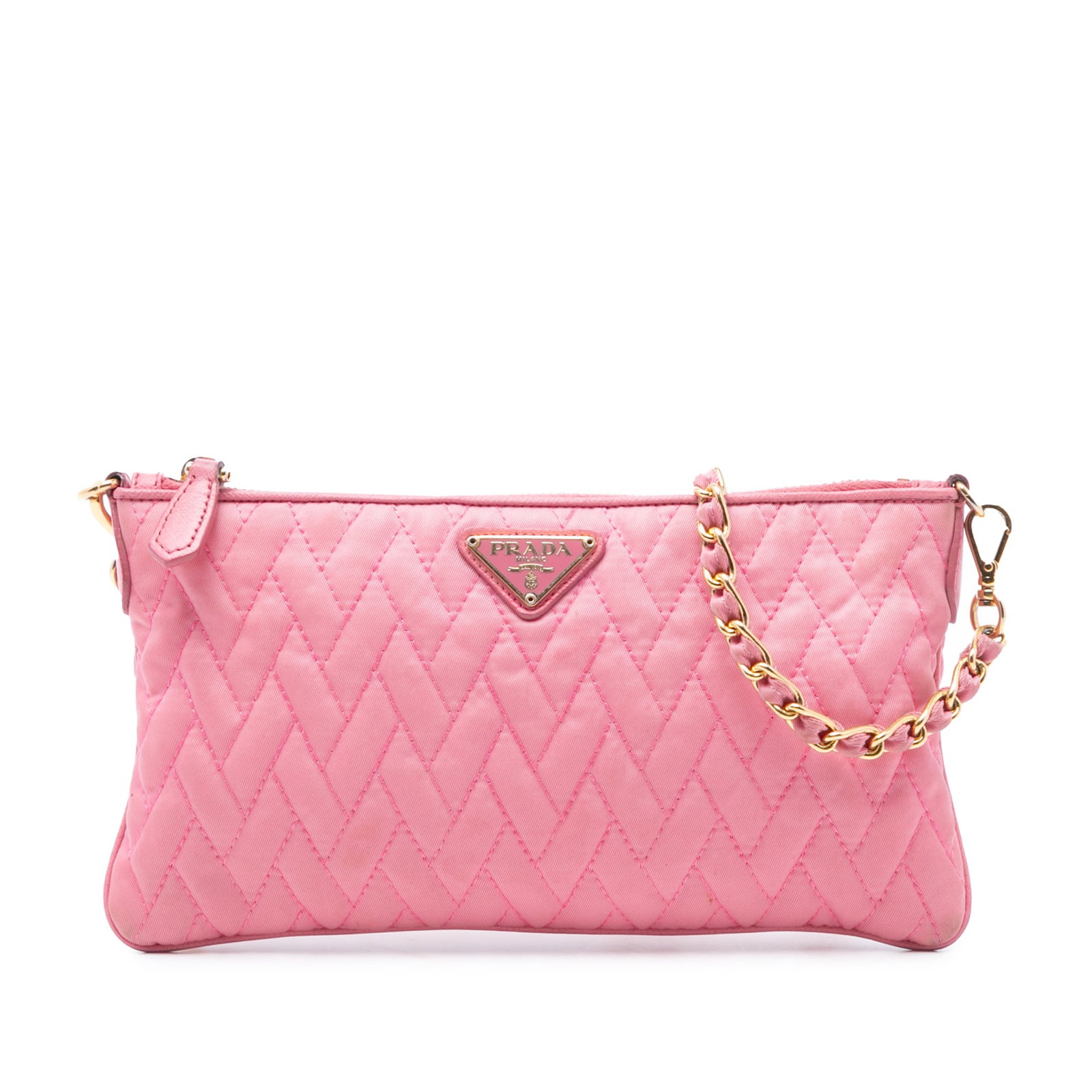 Prada Impuntu Tessuto Pink Quilted Nylon Chain Strap Crossbody Bag: Prada Impuntu Tessuto Pink Quilted Nylon Chain Strap Crossbody Bag This Prada Impuntu Tessuto Chain Crossbody bag features a quilted nylon body in pink, complemented by a nylon-woven chain shoulder st
