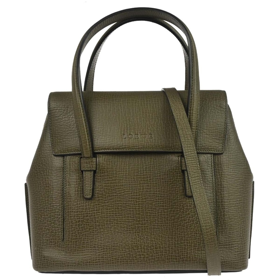 Loewe Anagram Medium Khaki Leather Top Handle Bag with Shoulder Strap: Loewe Anagram Medium Khaki Leather Top Handle Bag with Shoulder Strap This Loewe khaki leather handbag features a versatile 2-way design, allowing it to be carried by the top handle or as a shoulder b