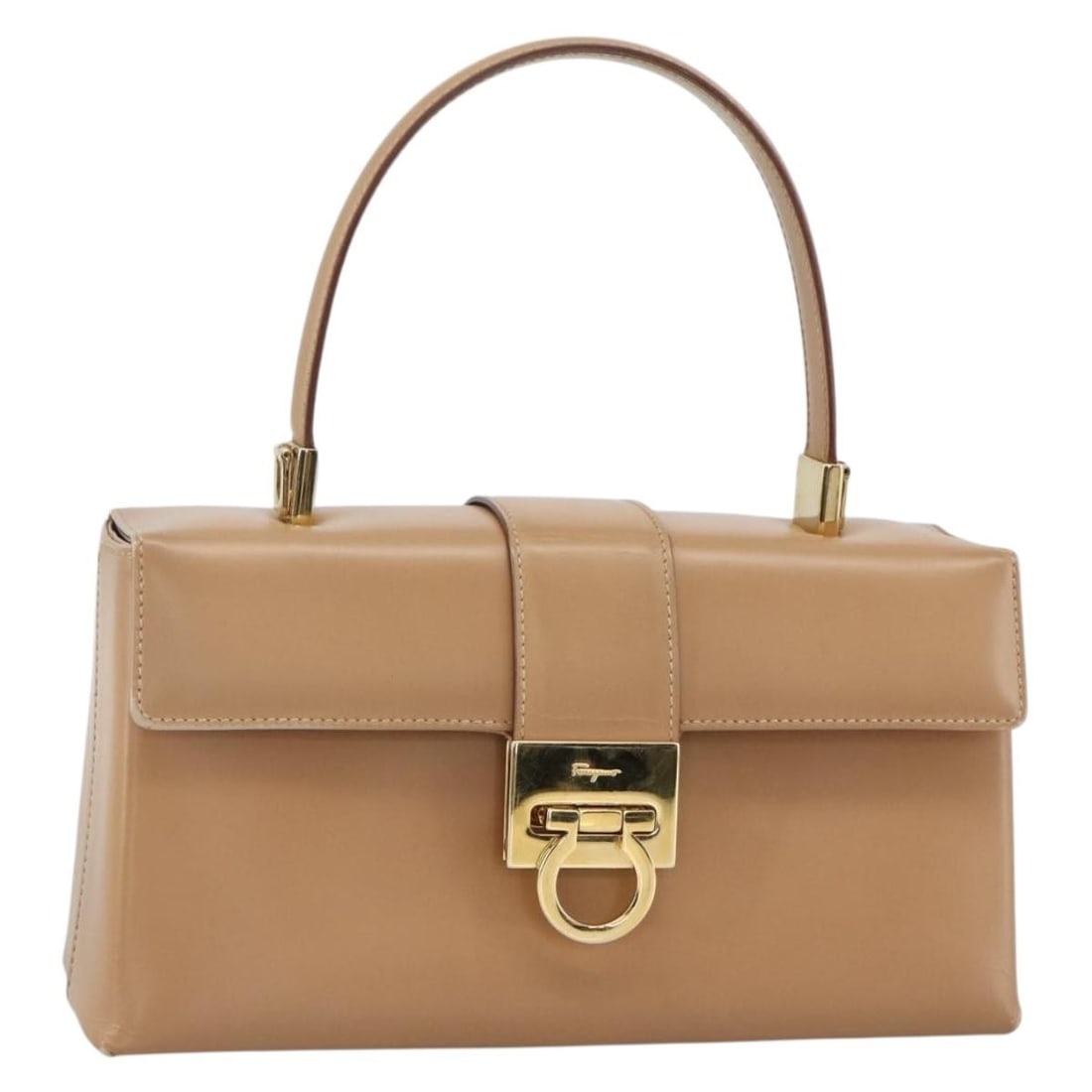 Beige Leather Gancini Handbag by Salvatore Ferragamo with Dust Bag: Beige Leather Gancini Handbag by Salvatore Ferragamo with Dust Bag This Salvatore Ferragamo Gancini handbag features a beige and gold leather exterior and is designed for women. The bag includes a han