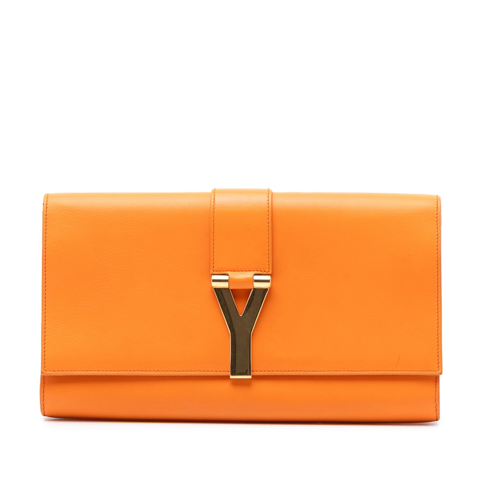 Orange Leather Chyc Ligne Clutch with Gold Y Accent by Saint Laurent: Orange Leather Chyc Ligne Clutch with Gold Y Accent by Saint Laurent This Saint Laurent Chyc Ligne Clutch is crafted from orange leather and features a front flap adorned with gold-tone Y hardware. Th