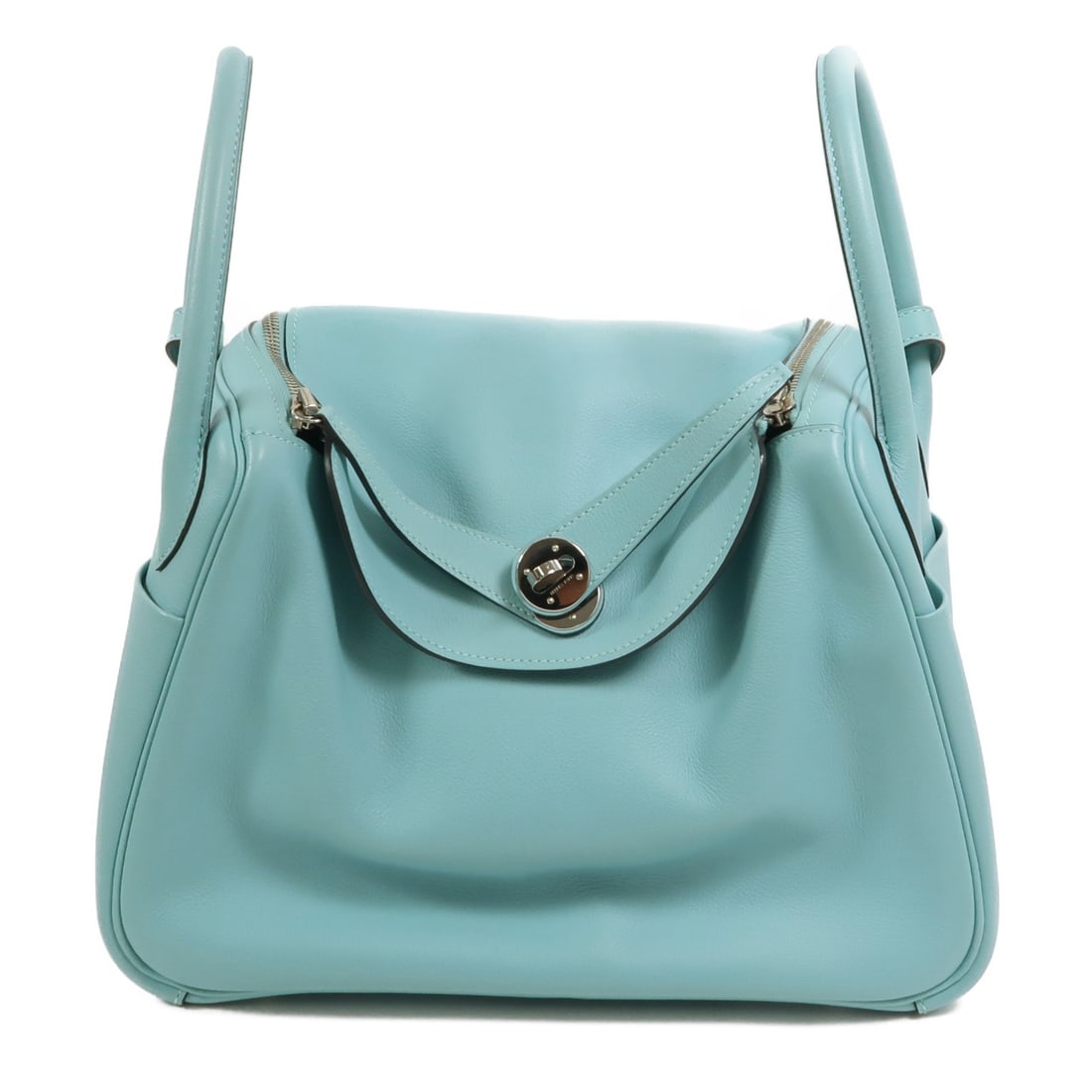 Hermes Lindy 30 Evercolor Leather Shoulder Bag with Palladium Hardware Blue: Hermes Lindy 30 Evercolor Leather Shoulder Bag with Palladium Hardware Blue This Hermes Lindy 30 is a versatile 2-way shoulder bag crafted from premium Evercolor calfskin leather in a Bleu Atoll shade