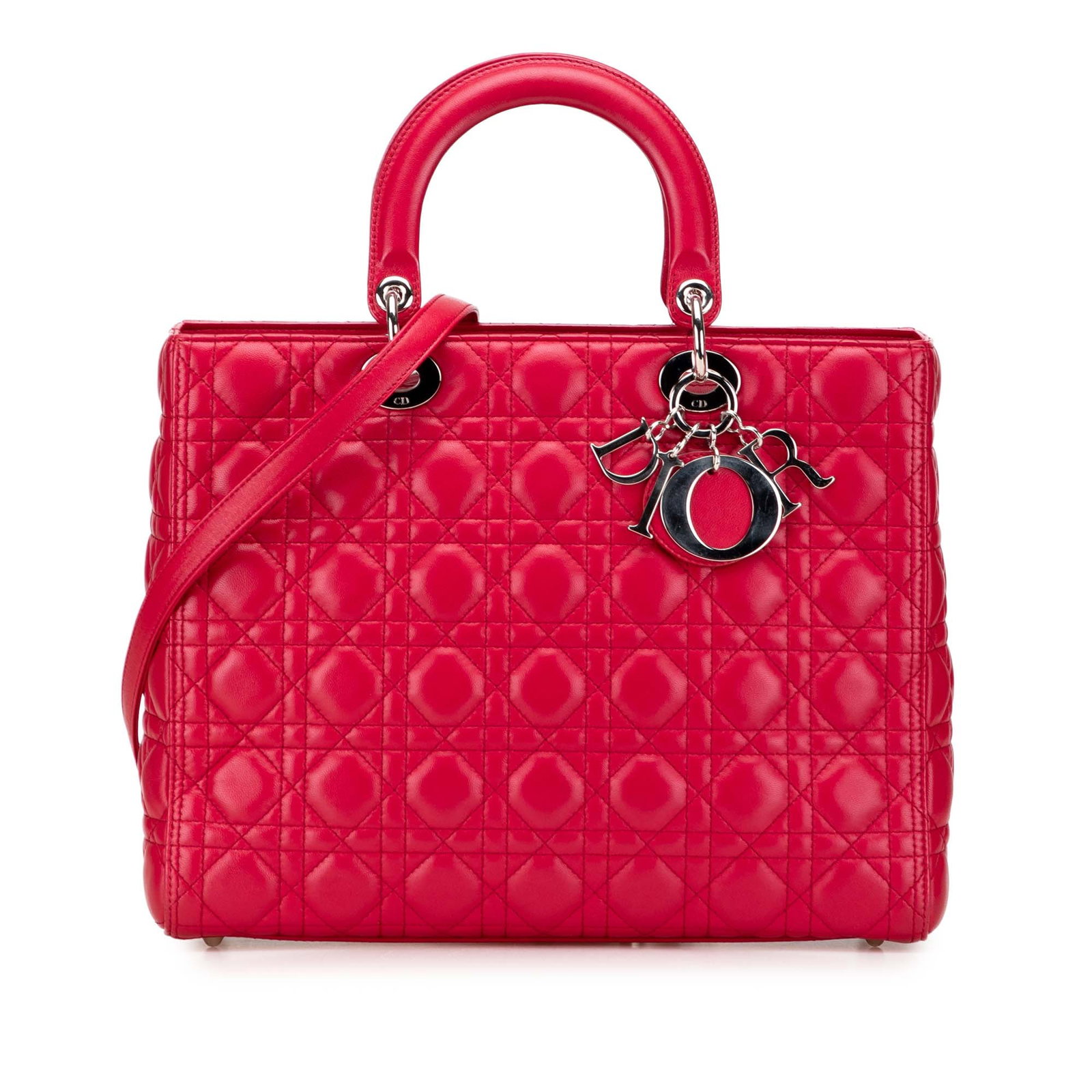 Dior Large Lady Dior Red Lambskin Bag with Cannage Design: Dior Large Lady Dior Red Lambskin Bag with Cannage Design Introducing the Large Lambskin Cannage Lady Dior, a stunning piece that embodies luxury and style. Crafted from exquisite quilted lambskin lea
