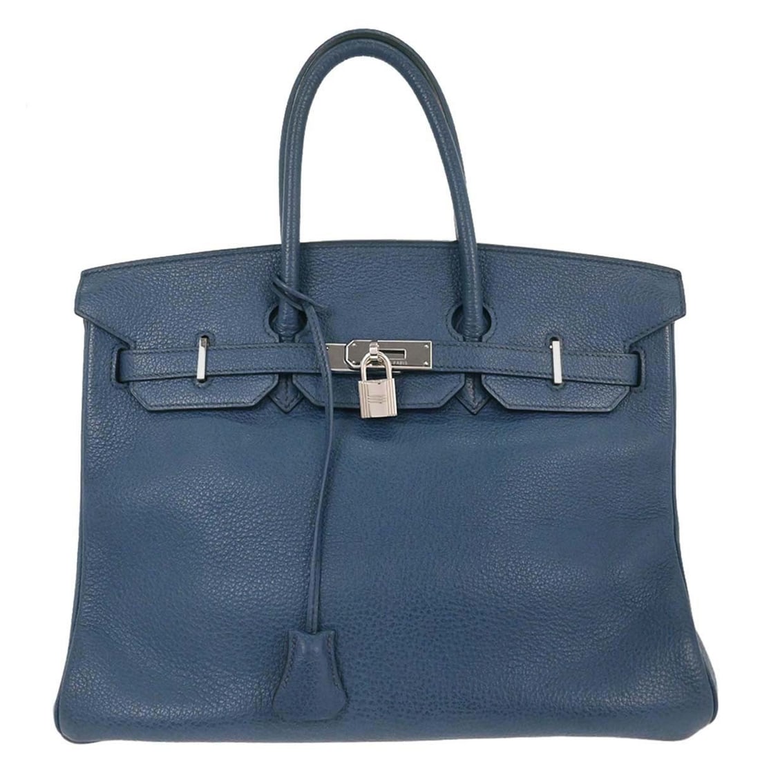 Blue Togo Leather Birkin 35 Handbag with Palladium Accents by Hermes: Blue Togo Leather Birkin 35 Handbag with Palladium Accents by Hermes This Hermes Birkin handbag features a blue Togo leather exterior complemented by palladium hardware. Designed for women, it offers 
