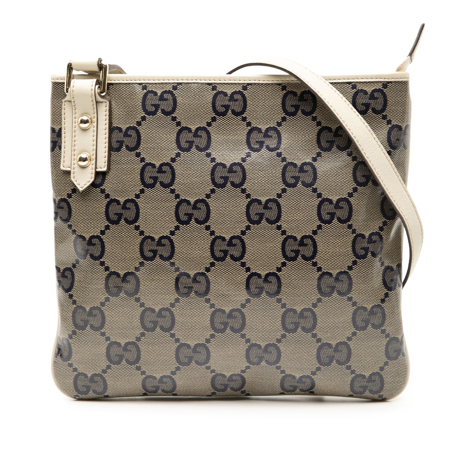 Brown Gucci GG Crystal Canvas Crossbody Bag with Leather Trim: Brown Gucci GG Crystal Canvas Crossbody Bag with Leather Trim This Gucci GG Crystal Crossbody bag showcases a coated canvas exterior with leather trim and features an adjustable flat shoulder strap. I