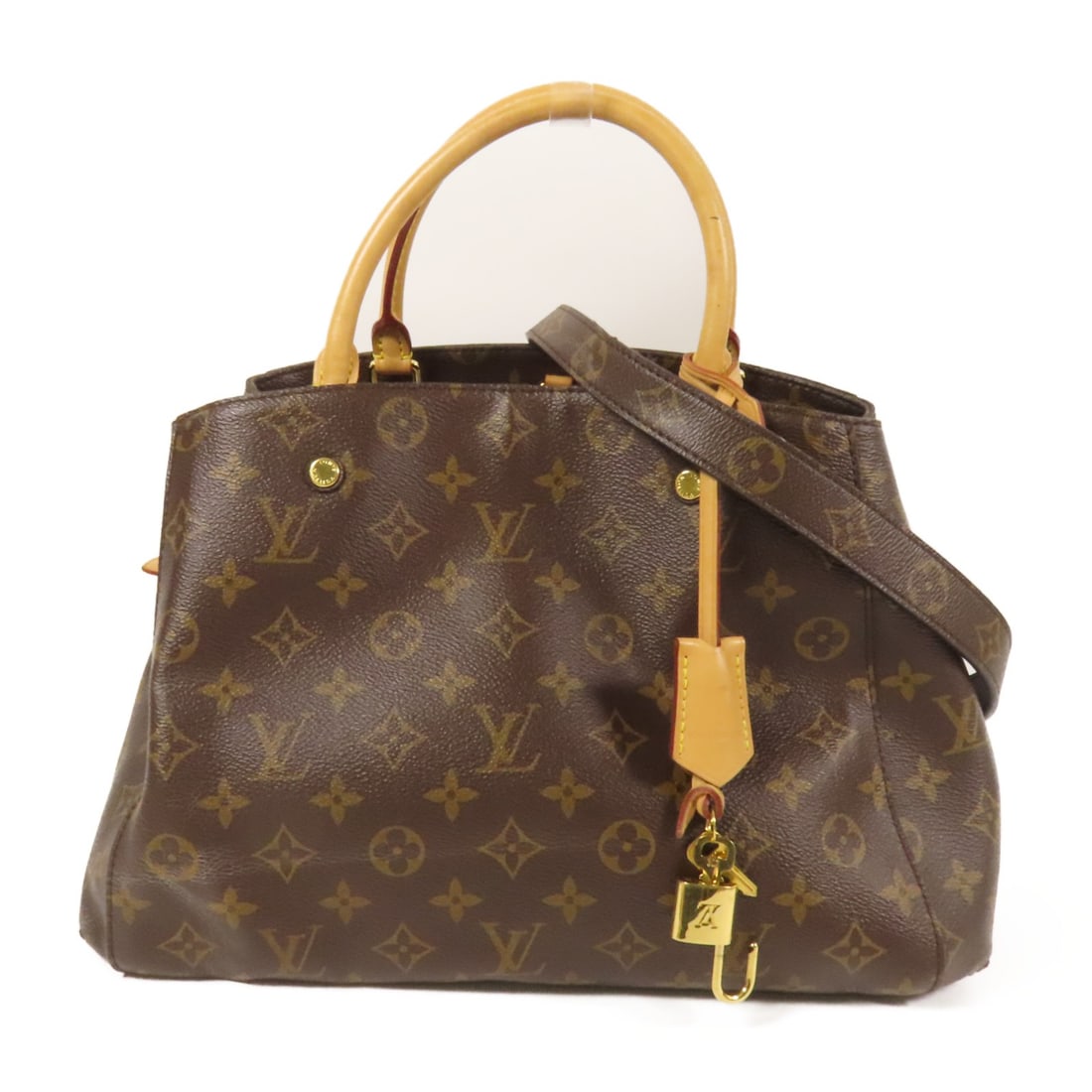 Louis Vuitton Montaigne MM Monogram Brown Shoulder Bag with Gold Hardware: Louis Vuitton Montaigne MM Monogram Brown Shoulder Bag with Gold Hardware This Louis Vuitton Montaigne MM 2-way shoulder handbag features the iconic Monogram pattern in brown PVC coated canvas. The ba