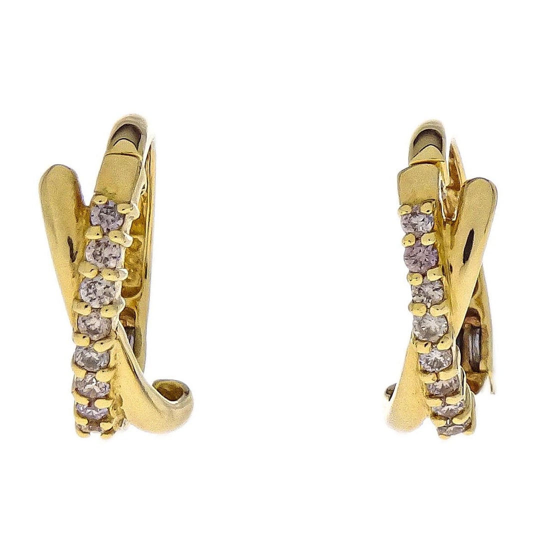 18K Gold Clip-On Hoop Earrings with Diamond Accents: 18K Gold Clip-On Hoop Earrings with Diamond Accents These clip-on hoop earrings are crafted from 18K gold and feature diamond accents. They are designed for a stylish and comfortable fit without the n