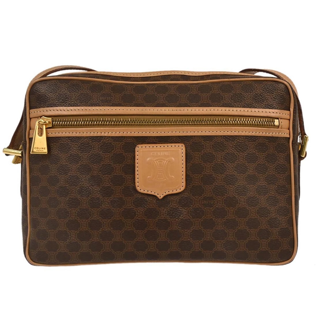 Celine Macadam Medium Brown Shoulder Bag with Logo Accent: Celine Macadam Medium Brown Shoulder Bag with Logo Accent This Celine Macadam shoulder bag features a brown leather and PVC exterior with signature logo accents. Designed in a medium size with a shoul