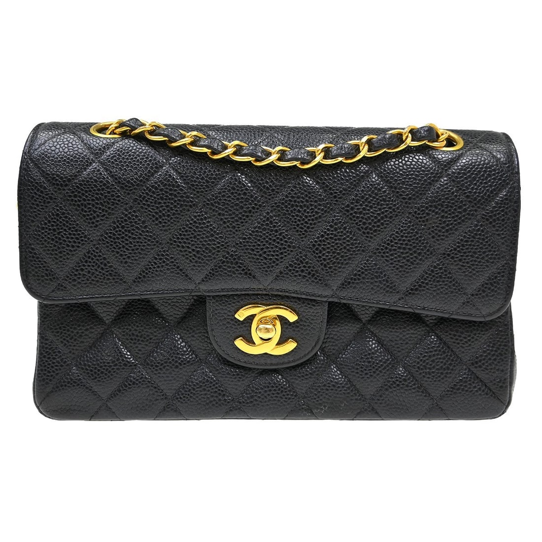CHANEL Classic Double Flap Black Caviar Leather Shoulder Bag: CHANEL Classic Double Flap Black Caviar Leather Shoulder Bag This Chanel Classic Double Flap Shoulder Bag is crafted from black caviar skin leather with a matelasse pattern and features the iconic log