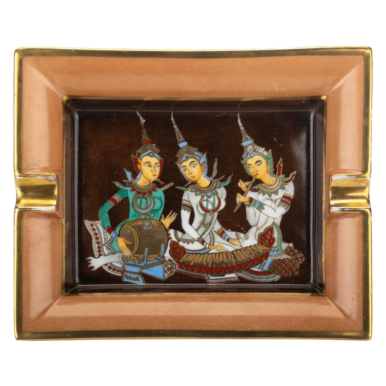 Hermes Porcelain Ashtray Indian Scene Design Brown Gold: Hermes Porcelain Ashtray Indian Scene Design Brown Gold This exquisite Hermes porcelain ashtray features a stunning Indian scene design highlighted in rich brown, caramel, and gold tones. With a heigh