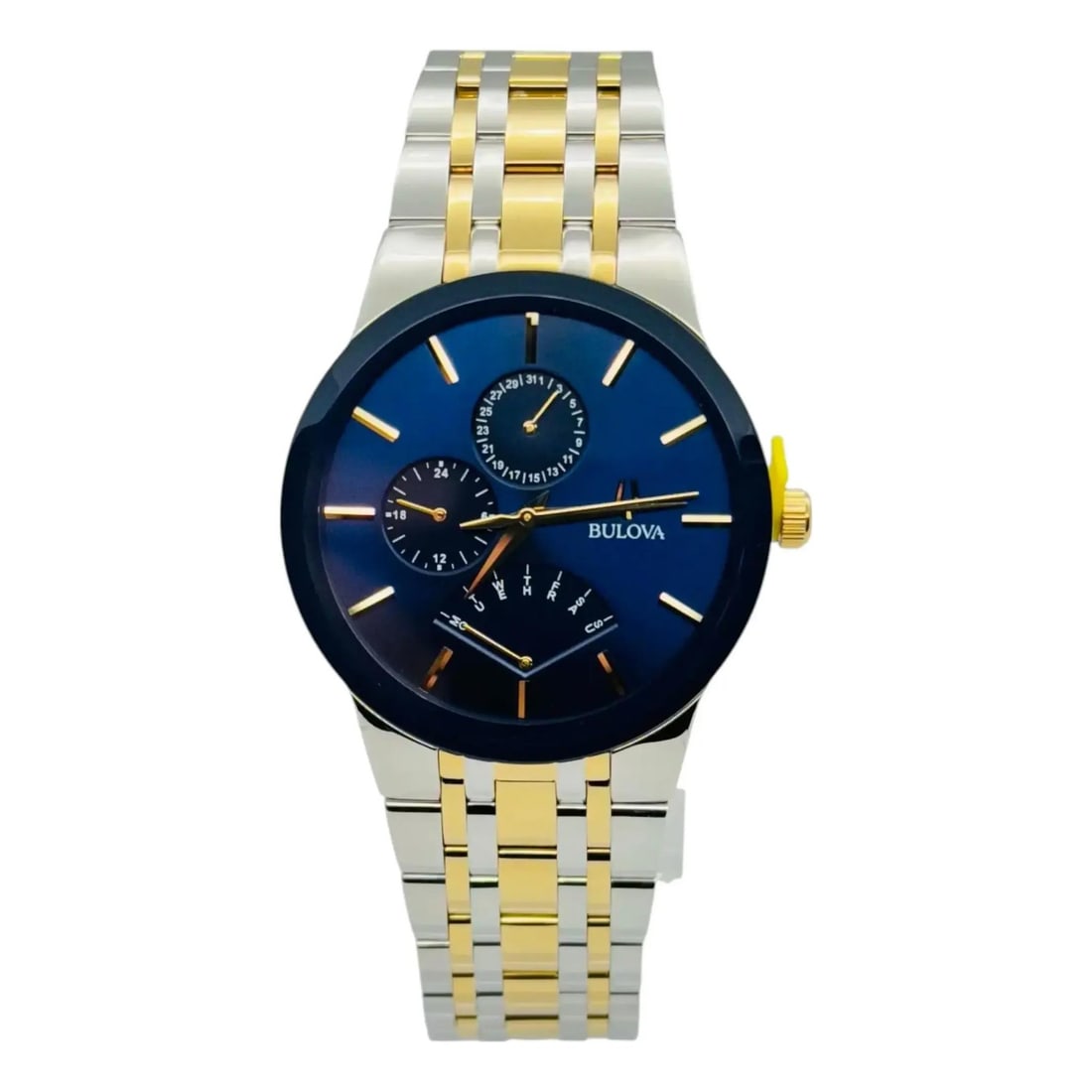 Bulova 98C132 Blue Dial Stainless Steel Quartz Men's Watch 40mm: Bulova 98C132 Blue Dial Stainless Steel Quartz Men's Watch 40mm This Bulova men's wristwatch features a 40mm polished stainless steel case with a blue fixed bezel and blue analog dial with stick index