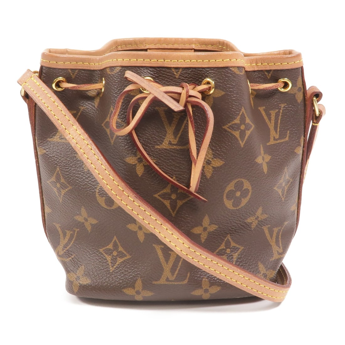 Louis Vuitton Nano Noe Brown Monogram Crossbody Bag M41346 GHW: Louis Vuitton Nano Noe Brown Monogram Crossbody Bag M41346 GHW This Louis Vuitton Nano Noe shoulder and crossbody bag features the classic Monogram brown PVC coated canvas. Designed for women, it offe