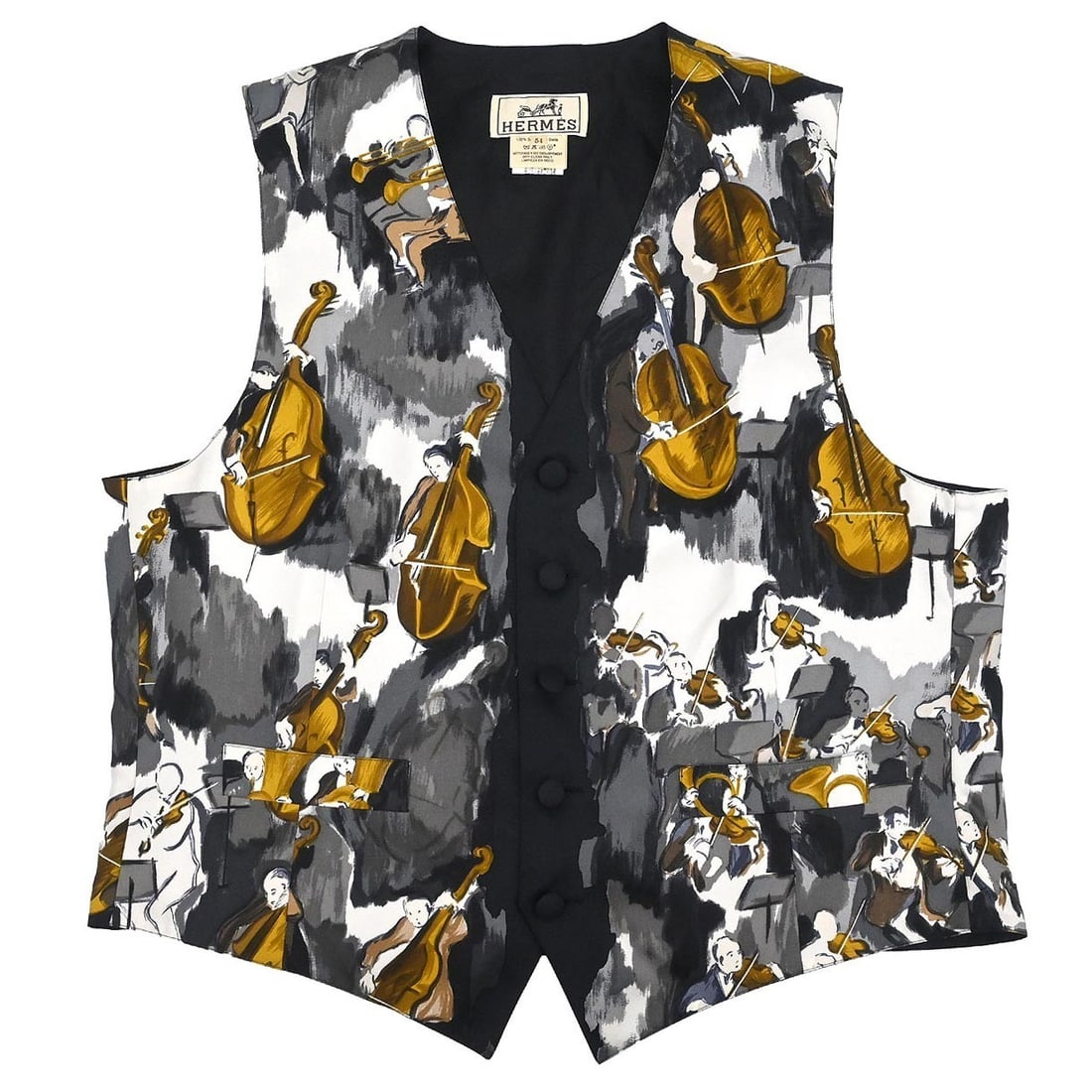 Hermes Gray Silk Sleeveless Vest with Logo Button Accent: Hermes Gray Silk Sleeveless Vest with Logo Button Accent This Hermes sleeveless jacket vest is crafted from 100% silk in a versatile gray color. Designed for women, it features a button logo accent an