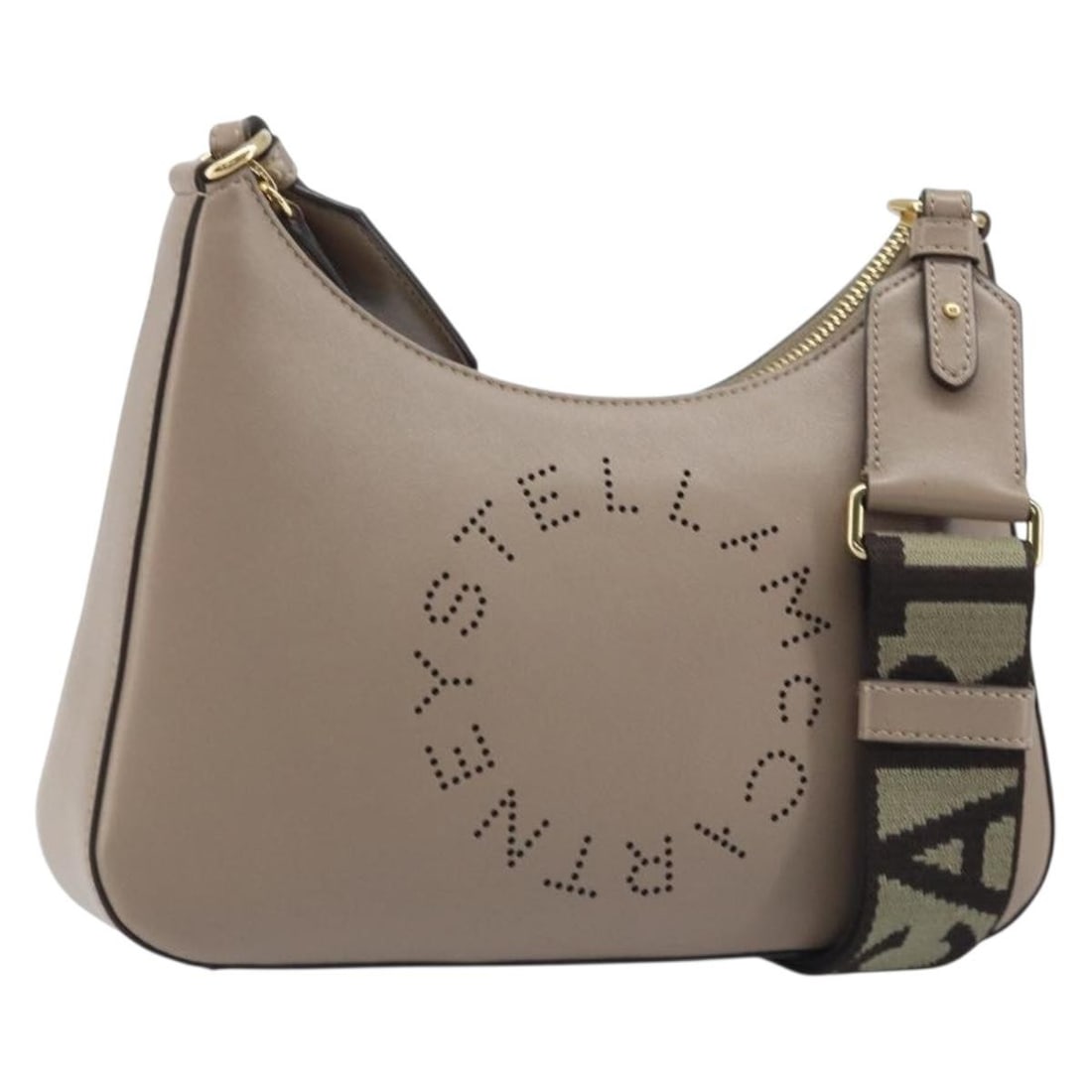 Stella MacCartney Beige Polyester Shoulder Bag with Gold Accents: Stella MacCartney Beige Polyester Shoulder Bag with Gold Accents This Stella McCartney shoulder bag is crafted from beige polyester with gold accents. Designed for women, it features a compact silhoue
