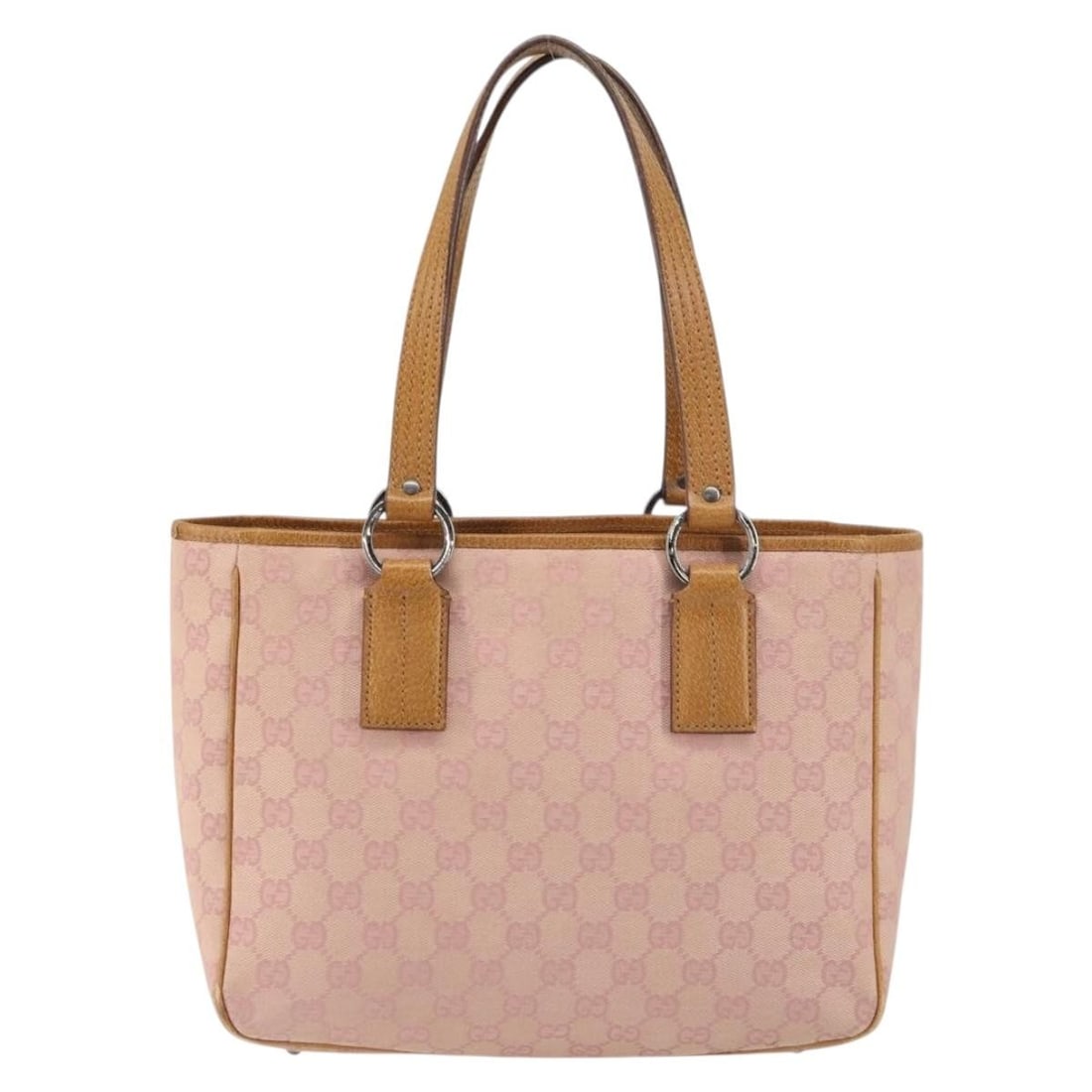 Pink GG Canvas Vintage Open Tote Bag by Gucci: Pink GG Canvas Vintage Open Tote Bag by Gucci This Gucci Vintage Open Tote is crafted from pink GG canvas and designed for women. Made in Italy, the tote features leather accents and metal fittings. I