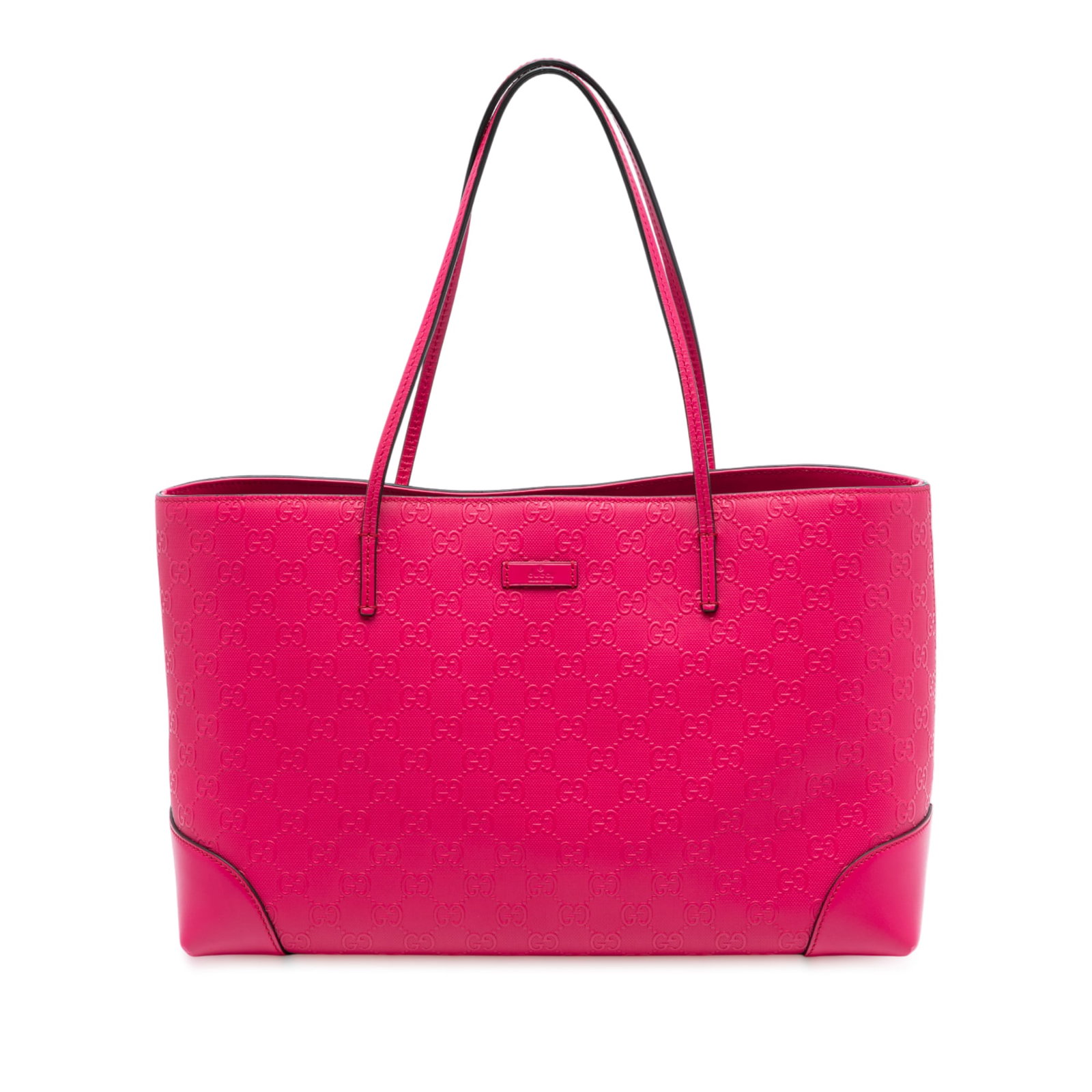 Gucci Guccissima Bright Hilary Pink Leather Tote Bag: Gucci Guccissima Bright Hilary Pink Leather Tote Bag This Gucci Guccissima Bright Hilary Lux Tote features a pink leather body with flat leather straps, an open top secured by a claw clasp closure, an