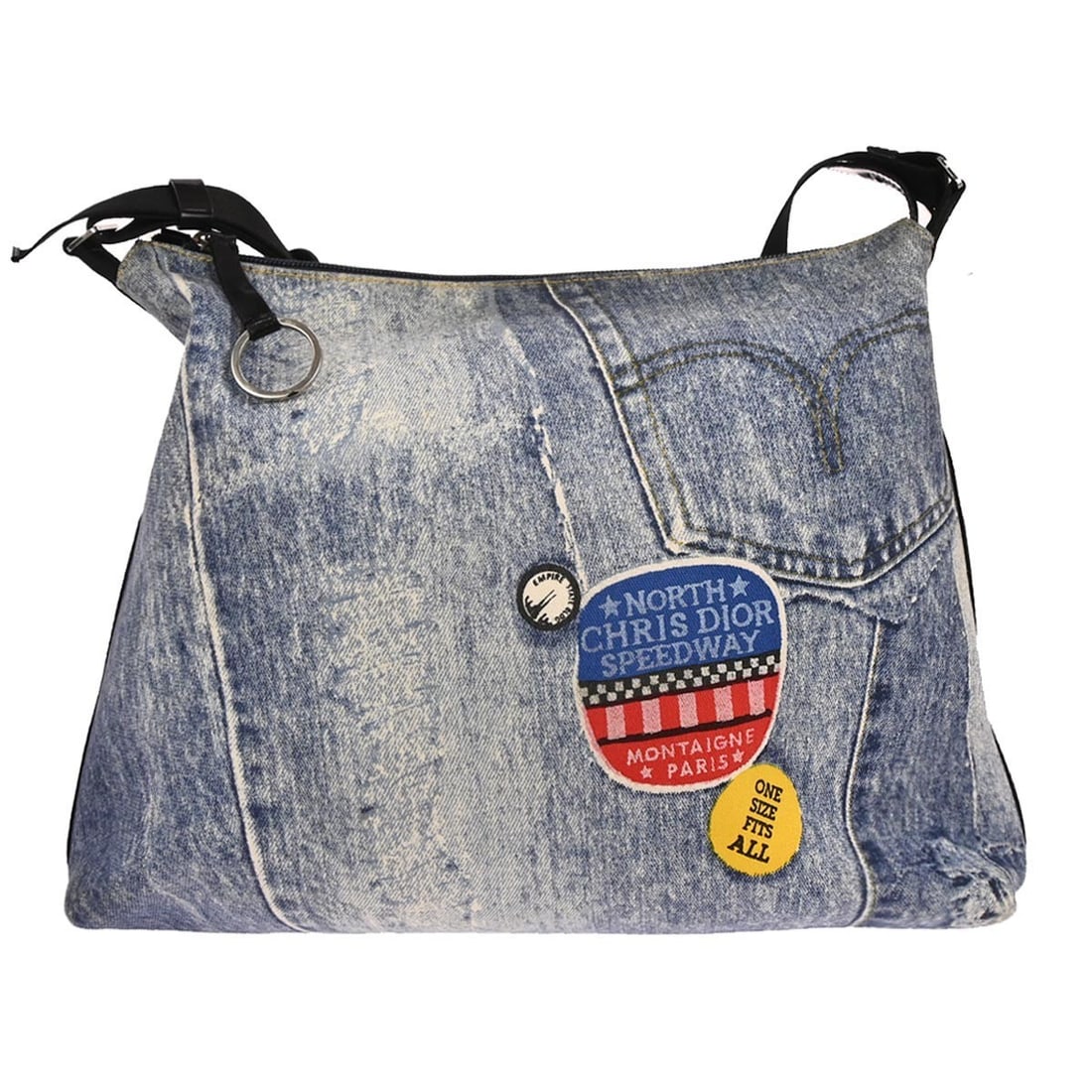 Dior Large Blue Denim Canvas Shoulder Bag MU0061: Dior Large Blue Denim Canvas Shoulder Bag MU0061 This Christian Dior shoulder bag features a blue canvas exterior with a denim print design. It offers a spacious, large size with a zip closure and a c