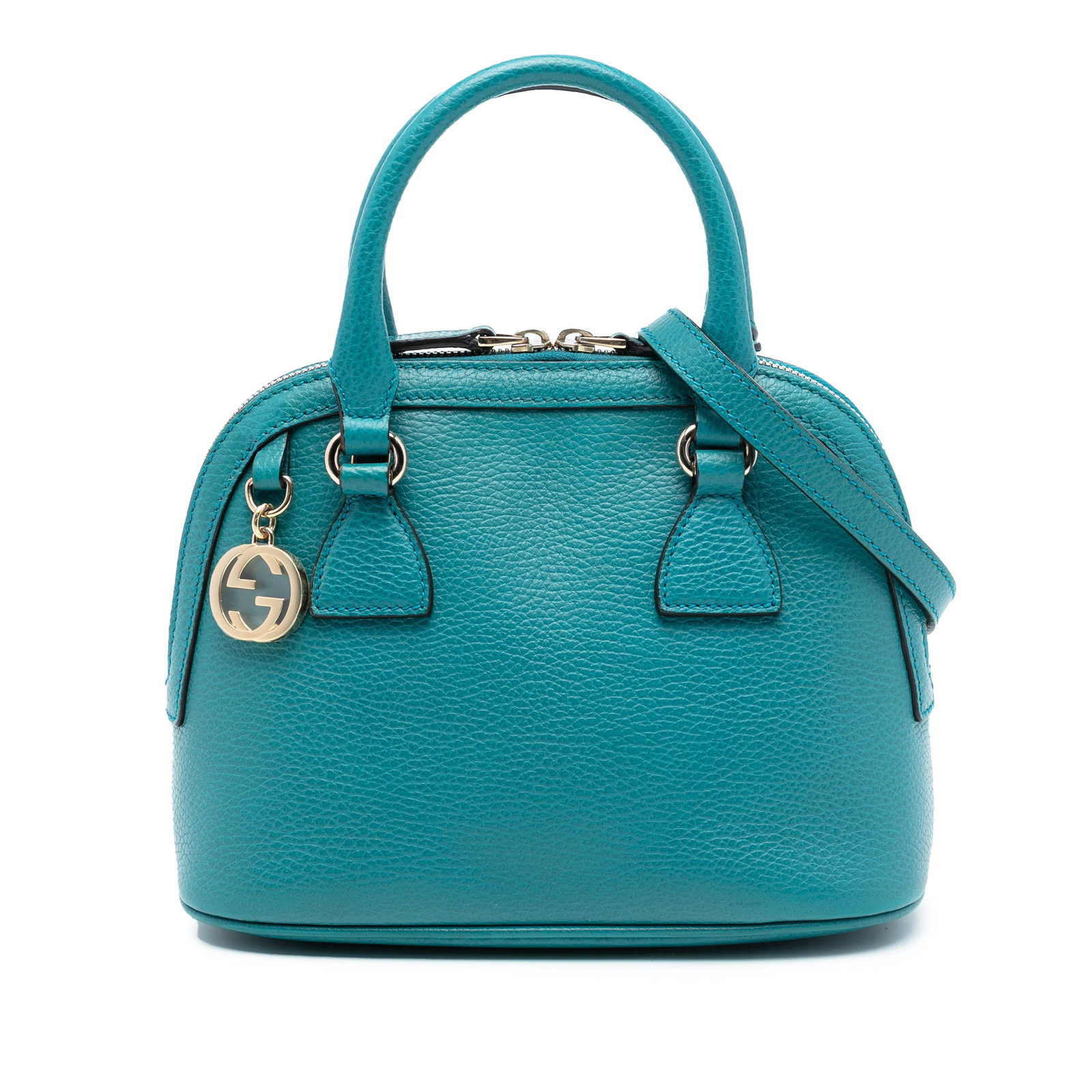 Mini Dome Satchel Blue Leather Bag with GG Charm by Gucci: Mini Dome Satchel Blue Leather Bag with GG Charm by Gucci This Gucci Mini Leather GG Charm Dome Satchel features a blue leather body with rolled leather handles and a detachable, adjustable flat leath