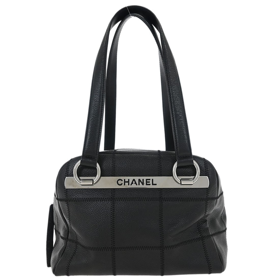 Chanel Black Square Stitch Leather Bowler Bag Quilted Design: Chanel Black Square Stitch Leather Bowler Bag Quilted Design This Chanel Square Stitch Bowler Bag features a quilted caviar leather exterior in black, designed for women. Crafted in Italy, it offers b