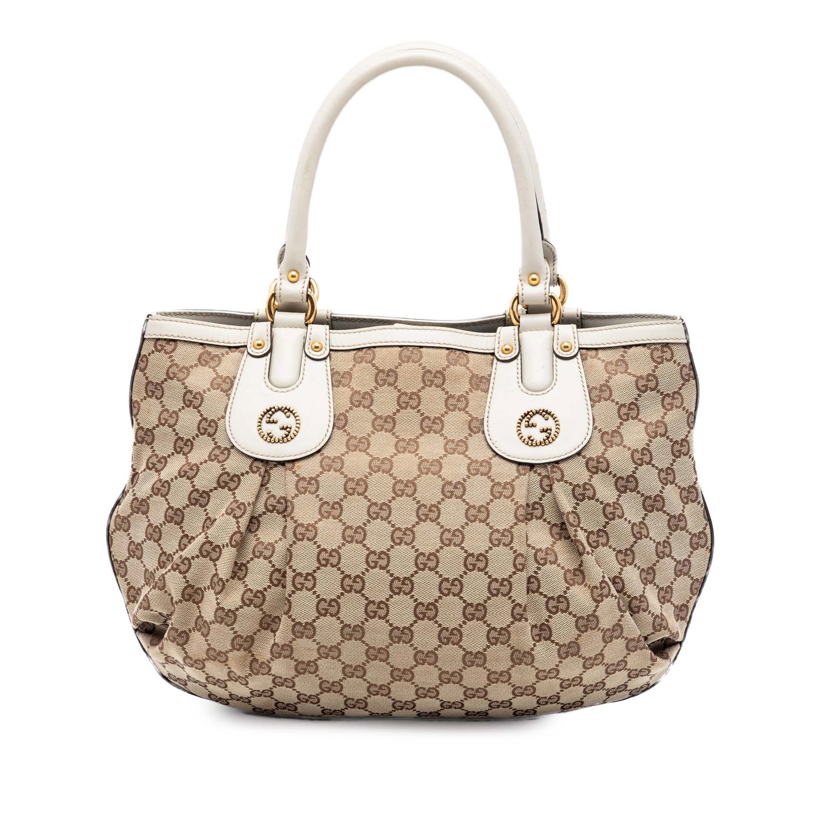 Gucci Scarlett Beige Canvas Tote with Leather Trim: Gucci Scarlett Beige Canvas Tote with Leather Trim The Gucci GG Canvas Scarlett Tote showcases a classic canvas body accented with leather trim and rolled leather handles. It features an open top with