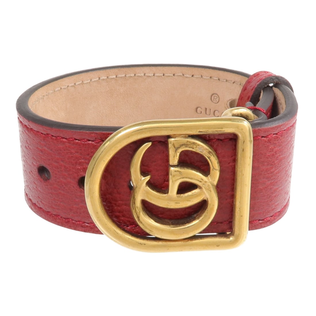 Gucci GG Marmont Red Calfskin Leather Bracelet with Gold Tone Hardware: Gucci GG Marmont Red Calfskin Leather Bracelet with Gold Tone Hardware This Gucci GG Marmont bracelet features red calfskin leather and is designed for women. It showcases the iconic GG Marmont motif 