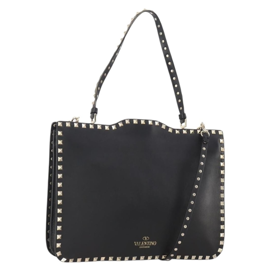 Valentino Rockstud black gold leather shoulder bag with dust bag and box: Valentino Rockstud black gold leather shoulder bag with dust bag and box This Valentino Rockstud shoulder bag is crafted from black leather with gold-tone accents. Designed for women, the bag features