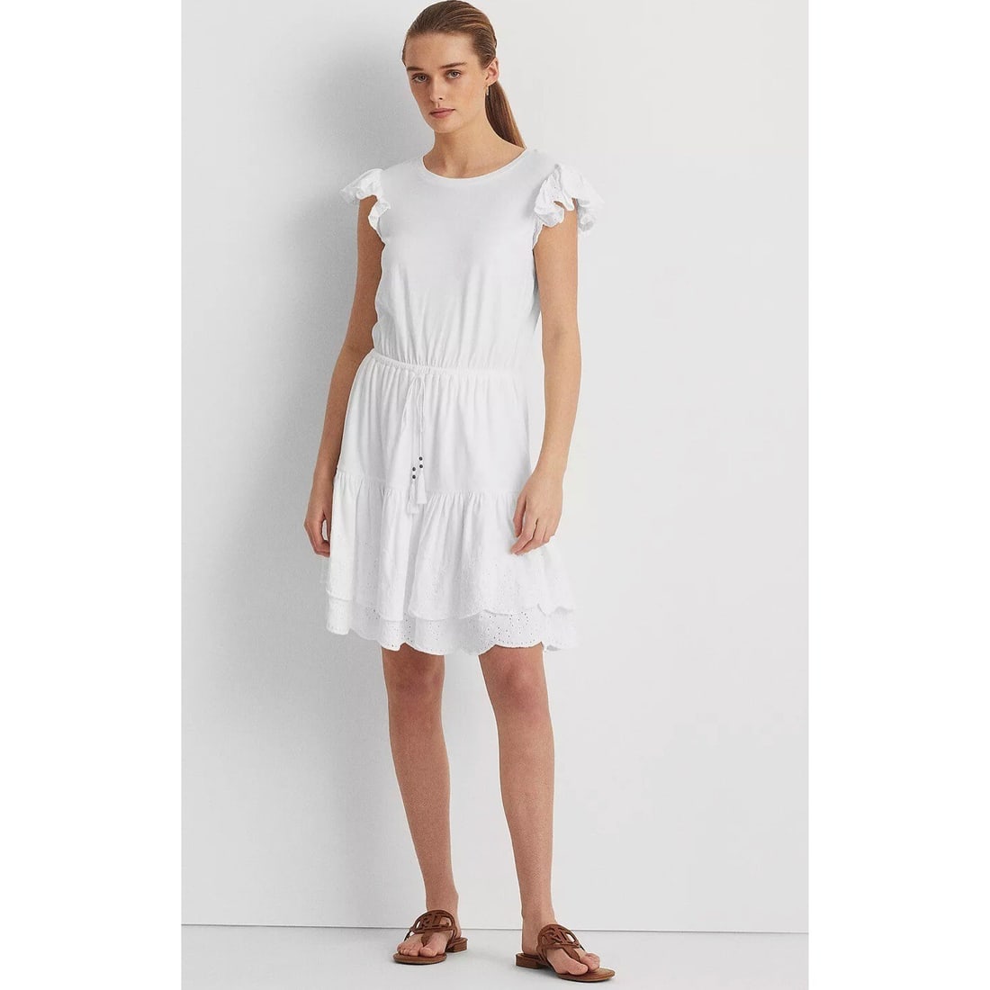 Lauren Ralph Lauren White Eyelet Jersey Fit & Flare Dress Size 14: Lauren Ralph Lauren White Eyelet Jersey Fit & Flare Dress Size 14 This elegant Lauren Ralph Lauren Eyelet Jersey Dress in White is designed for comfort and style. The dress features a flattering fit-a