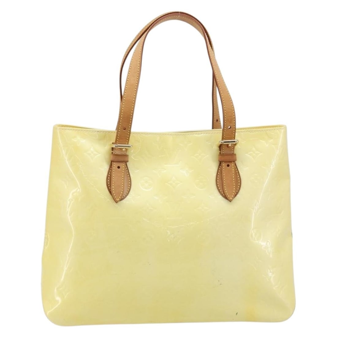 Yellow Monogram Vernis Brentwood Patent Leather Tote by Louis Vuitton: Yellow Monogram Vernis Brentwood Patent Leather Tote by Louis Vuitton The Louis Vuitton Brentwood handbag features a yellow Monogram Vernis patent leather exterior, designed for women. This handbag is