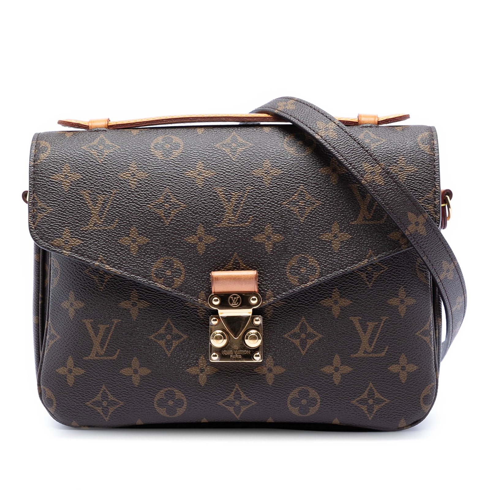 Louis Vuitton Pochette Metis Monogram Canvas Shoulder Bag with S-Lock: Louis Vuitton Pochette Metis Monogram Canvas Shoulder Bag with S-Lock This Louis Vuitton Monogram Pochette Metis features a monogram canvas body with a flat vachetta leather top handle and a detachabl