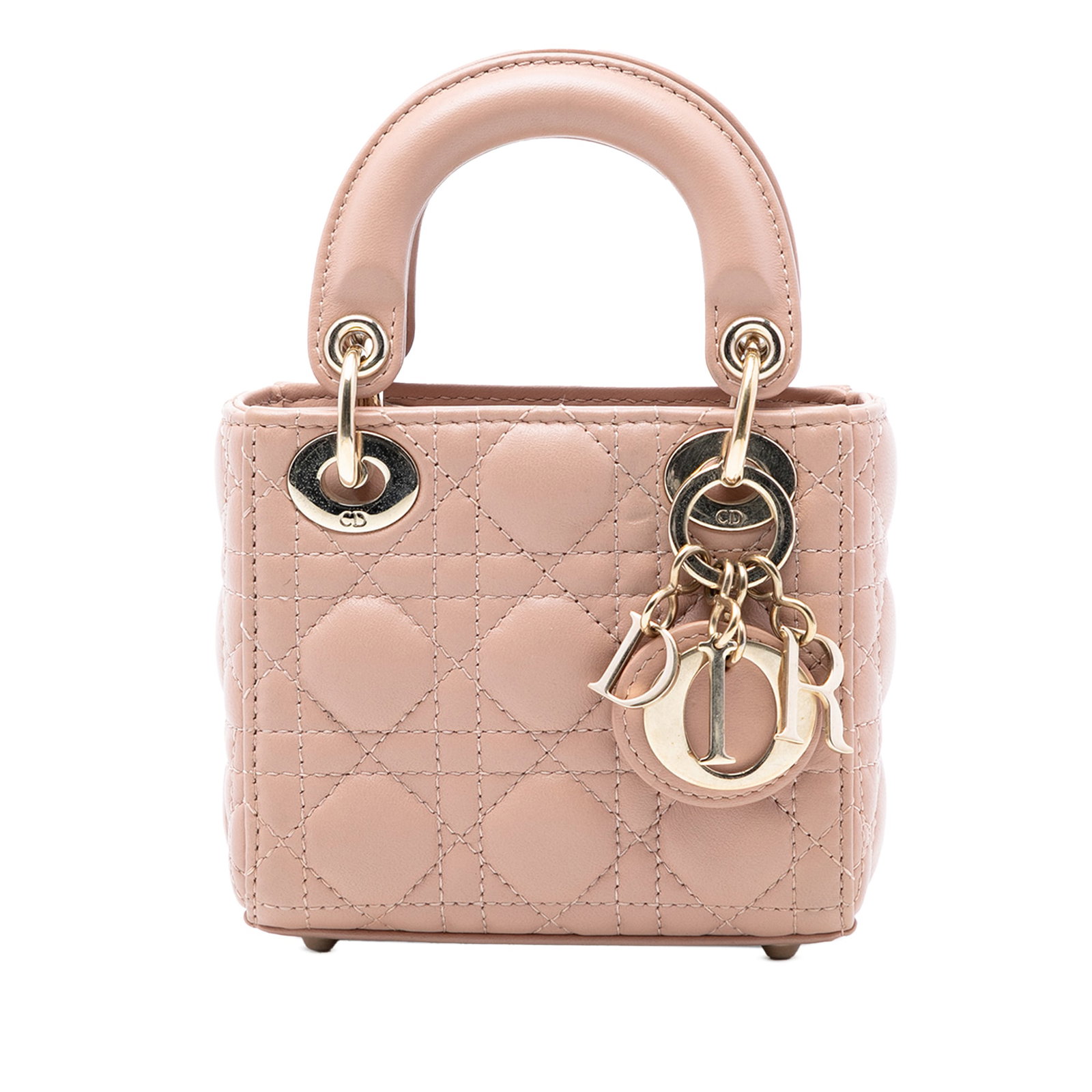 Dior Lady Dior Micro Cannage Brown Quilted Lambskin Leather Bag: Dior Lady Dior Micro Cannage Brown Quilted Lambskin Leather Bag This Micro Lady Dior handbag features a quilted lambskin leather body with flat leather top handles and a fold-in flap closure. The bag 
