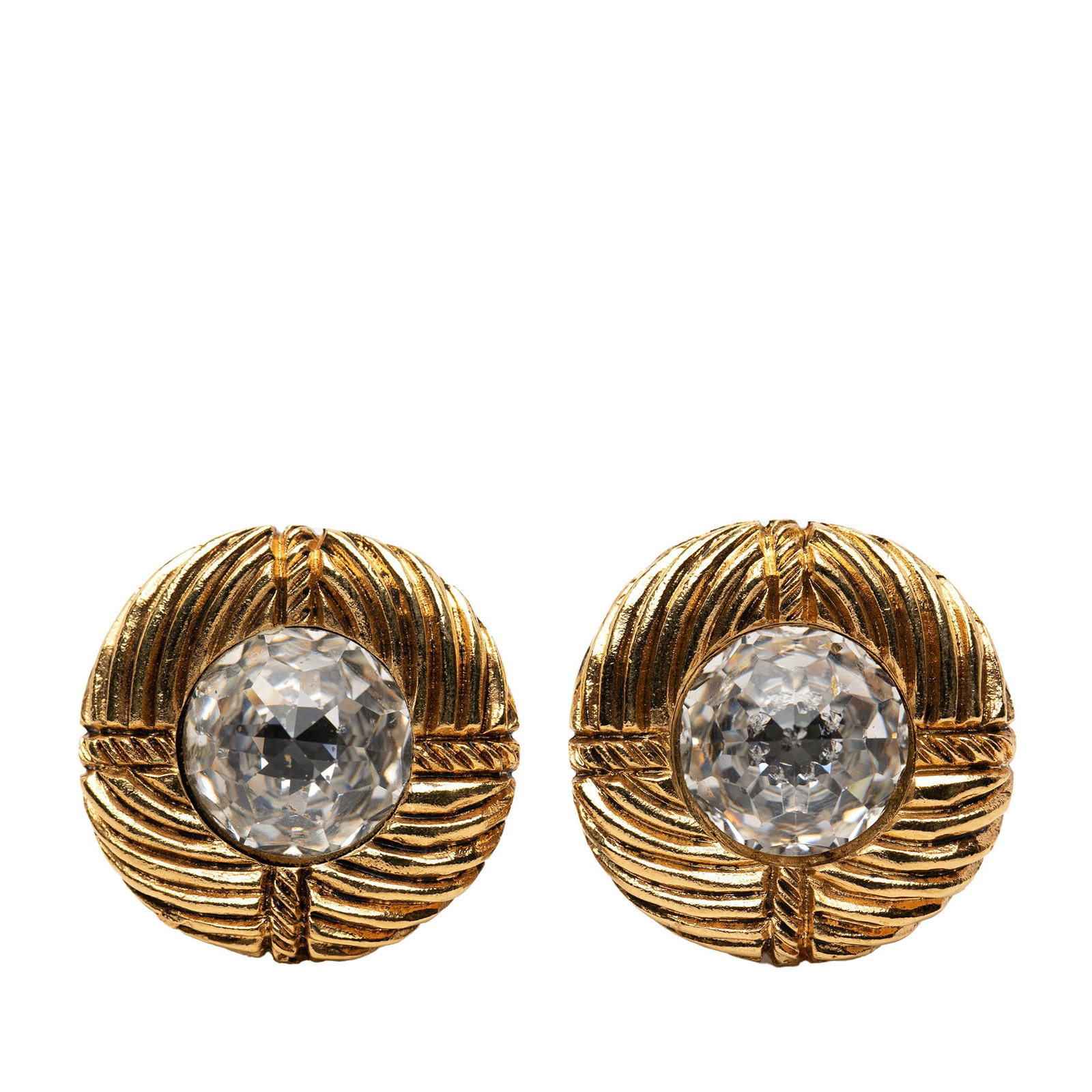 Chanel Round Clip On Earrings with Gold Plating and Rhinestones: Chanel Round Clip On Earrings with Gold Plating and Rhinestones These Chanel clip-on earrings feature a round gold-tone metal design adorned with rhinestone detailing. Made in France, they are classif