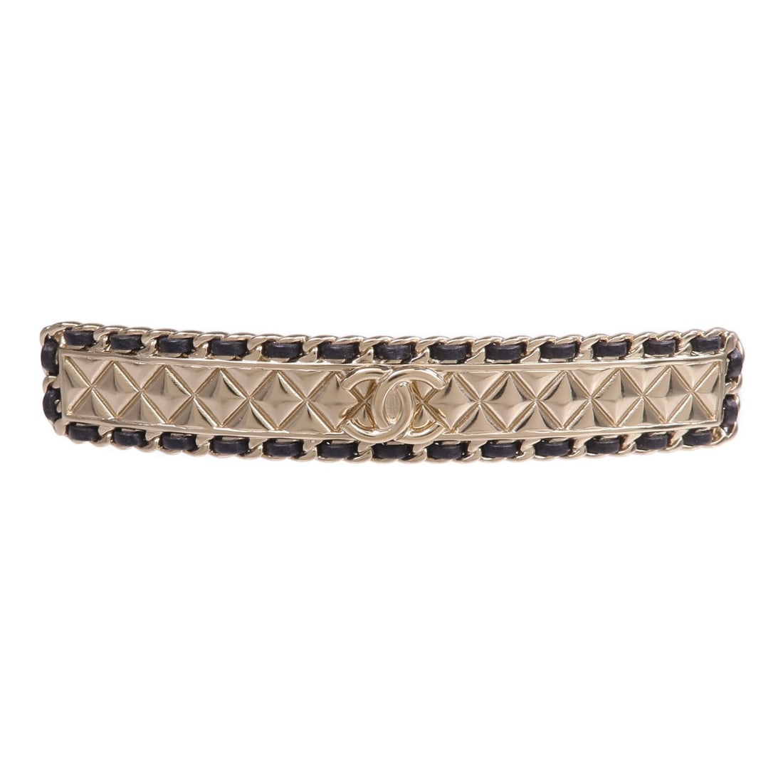 Chanel Valletta Gold Leather Hair Clip for Women: Chanel Valletta Gold Leather Hair Clip for Women This CHANEL hair clip features the iconic CC logo design crafted with gold-tone accents and black leather detailing. Designed for women, this chic acce