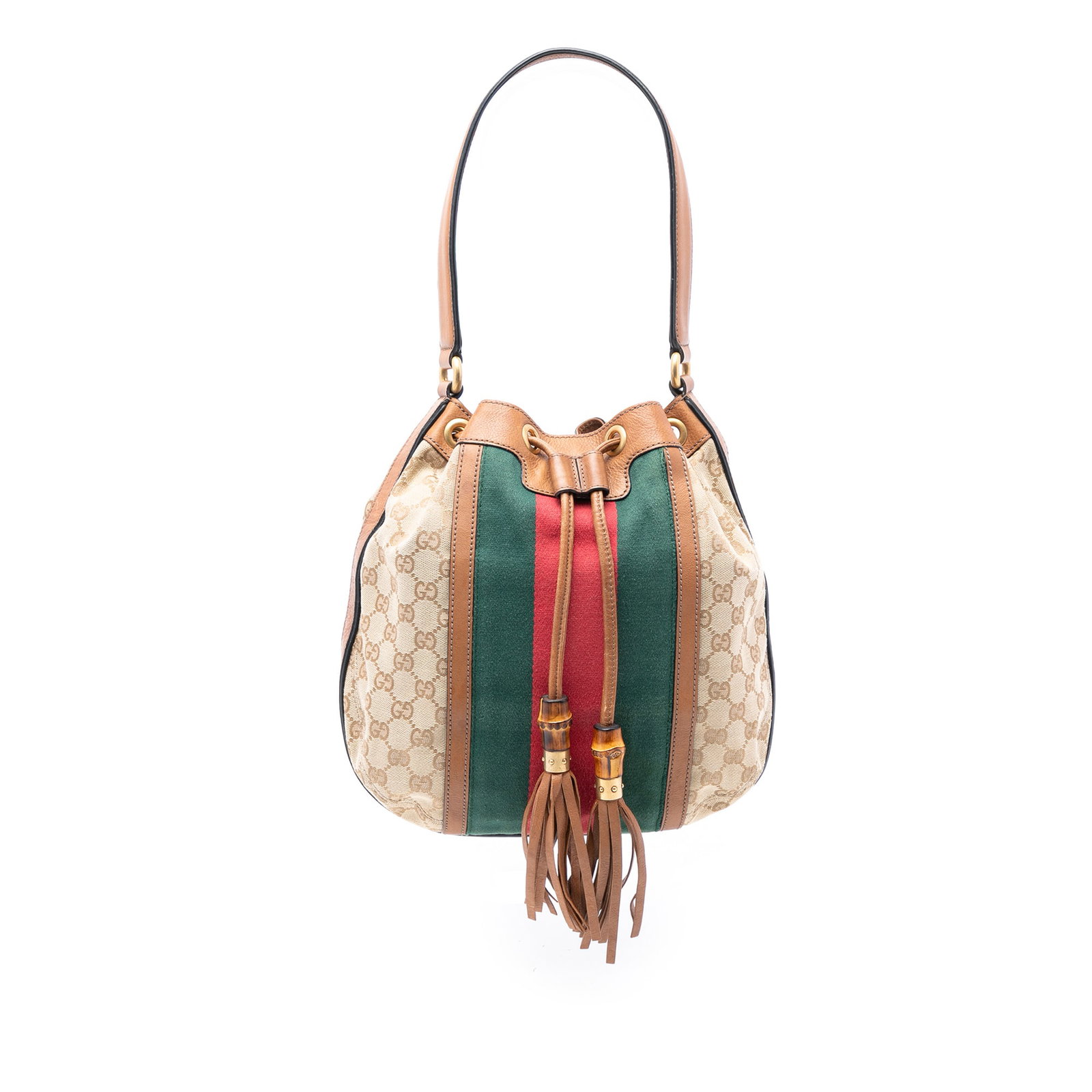 Gucci Rania Brown GG Canvas Drawstring Shoulder Bag: Gucci Rania Brown GG Canvas Drawstring Shoulder Bag This Gucci GG Canvas Web Rania Drawstring Hobo features a canvas body with signature web detailing and leather trim. It has a flat leather strap, an