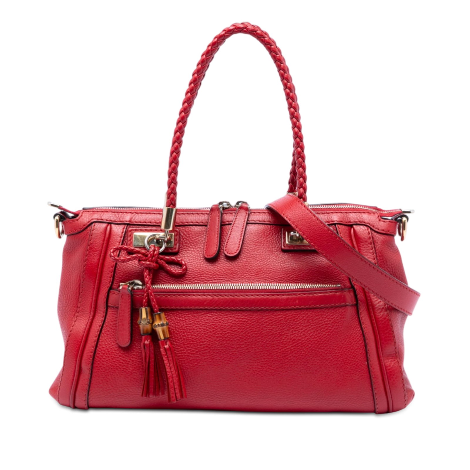 Gucci Bella Red Leather Satchel with Braided Handles and Detachable Strap: Gucci Bella Red Leather Satchel with Braided Handles and Detachable Strap This Gucci Bella Satchel features a pebbled leather body in red, braided leather handles, a detachable flat leather strap, a t