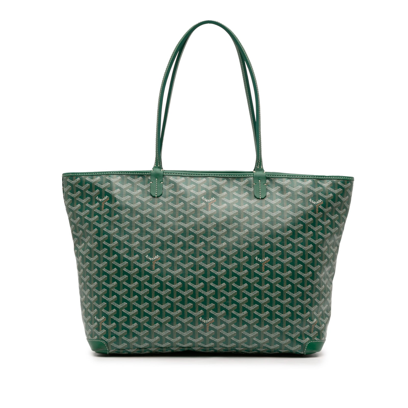 Goyard Goyardine Artois MM Green Coated Canvas Bag: Goyard Goyardine Artois MM Green Coated Canvas Bag The Goyardine Artois MM is a stylish bag crafted from coated canvas with elegant leather trim. It features flat leather straps, a top zip closure, an