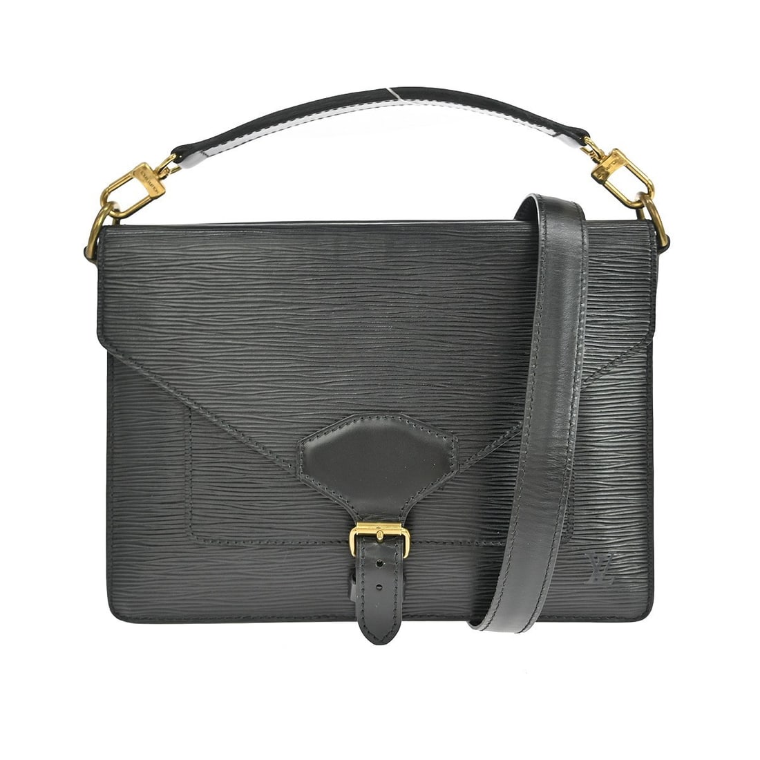 Louis Vuitton Biface Black Epi Leather Medium Clutch M52322: Louis Vuitton Biface Black Epi Leather Medium Clutch M52322 This Louis Vuitton Biface clutch bag in black Epi leather features a structured silhouette with a top handle, lock closure, and inner pocket
