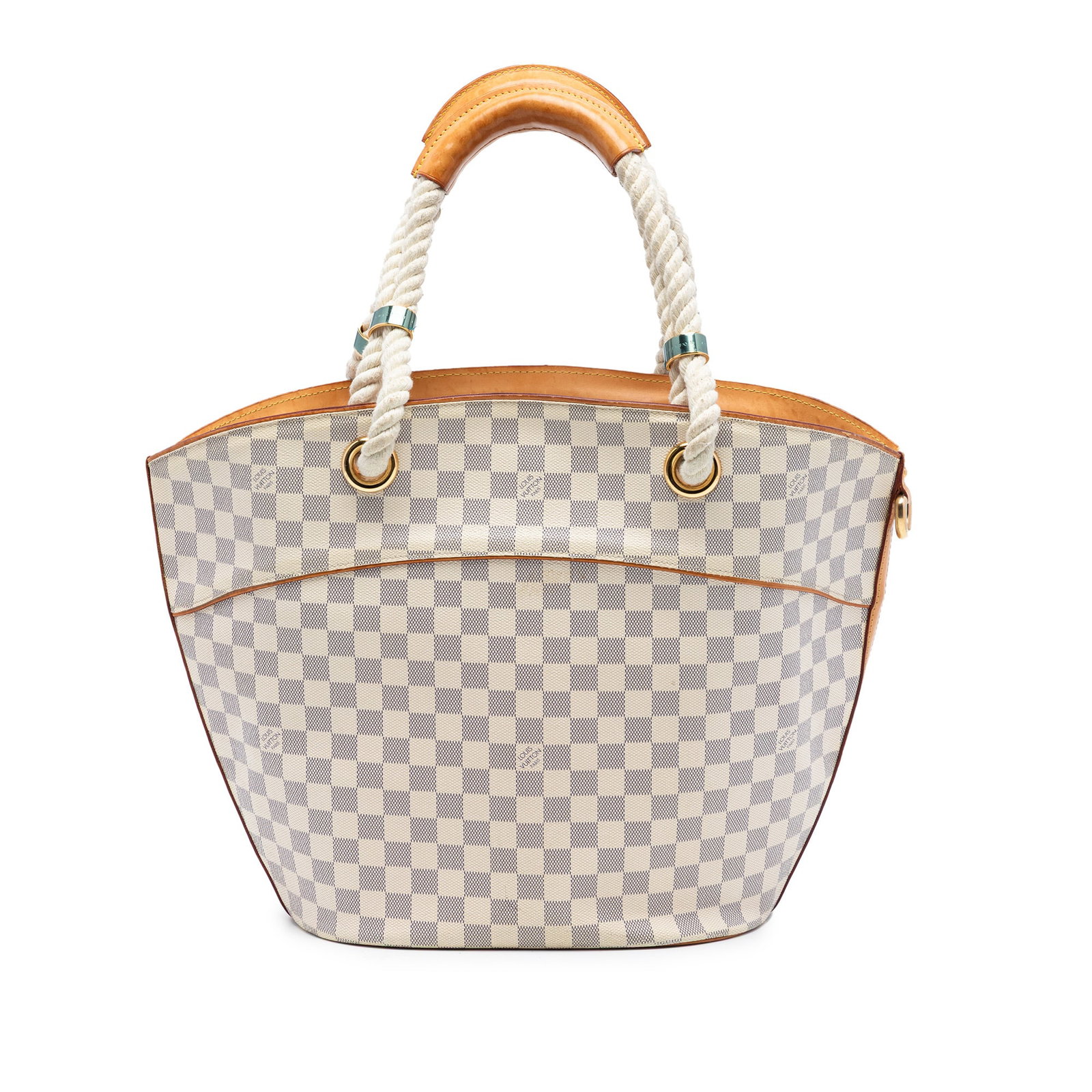 Louis Vuitton Pampelonne PM Bag in Damier Azur Canvas with Leather Trim: Louis Vuitton Pampelonne PM Bag in Damier Azur Canvas with Leather Trim The Louis Vuitton Damier Azur Pampelonne PM features a damier canvas body with vachetta leather trim and rope handles accented w