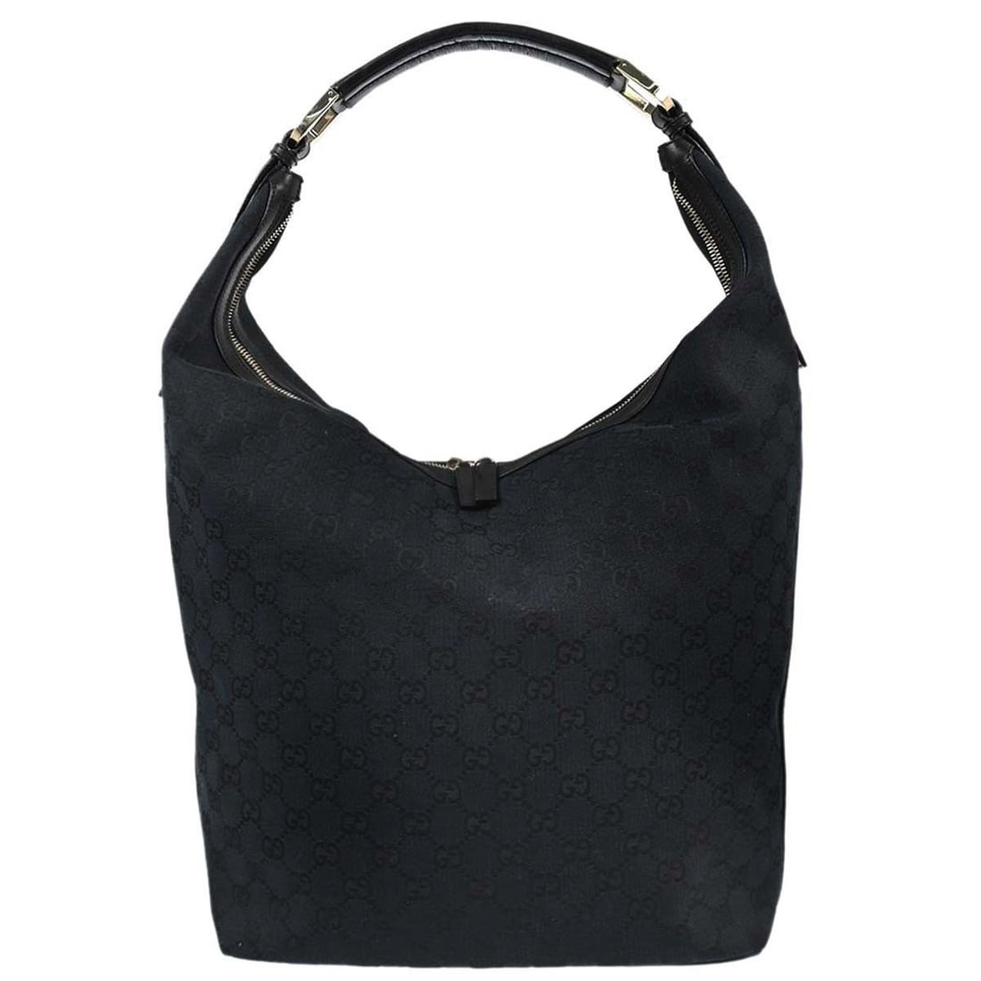 Black GG Canvas Medium Hobo by Gucci Model 001.4287 204991: Black GG Canvas Medium Hobo by Gucci Model 001.4287 204991 This Gucci Black Canvas GG Hobo Handbag features a medium-sized silhouette crafted from durable canvas leather in classic black. Showcasing t