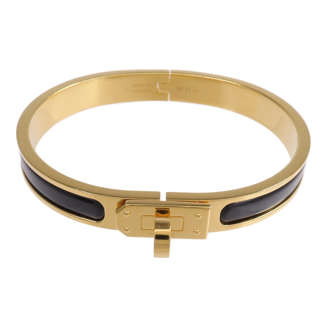 Hermes Mini Clic Kelly Black Enamel Bangle Gold Tone for Women: Hermes Mini Clic Kelly Black Enamel Bangle Gold Tone for Women This HERMES Mini Clic Kelly bracelet features a sleek combination of black enamel and metal. Designed for women, this stylish accessory s