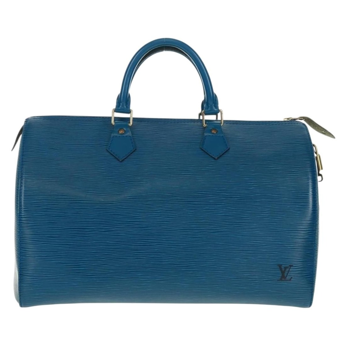 Louis Vuitton Blue Epi Leather Speedy Purse 37cm by 24cm by 19cm: Louis Vuitton Blue Epi Leather Speedy Purse 37cm by 24cm by 19cm This Louis Vuitton Speedy handbag crafted from blue Epi leather offers a spacious design ideal for female users. It features signs of w