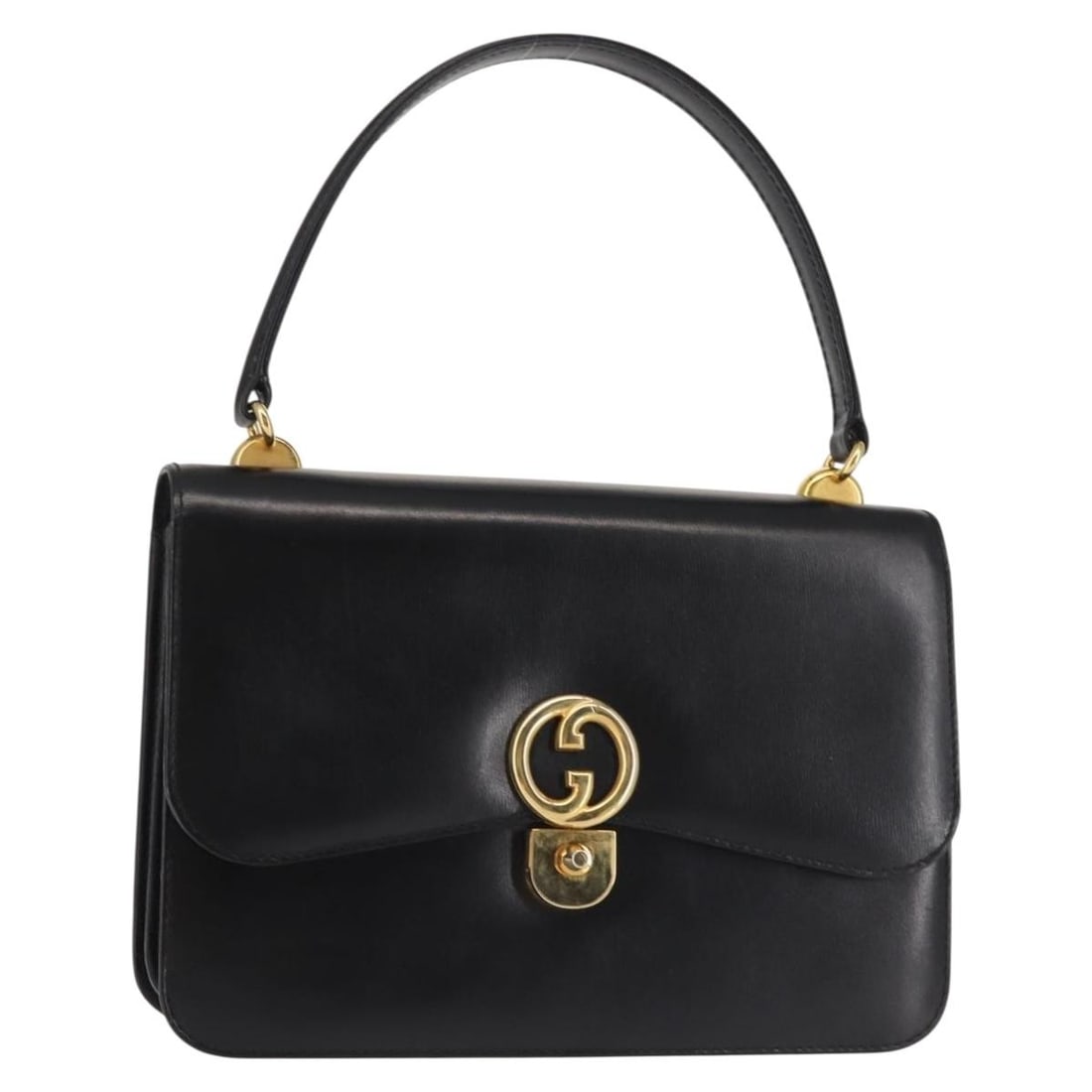 Gucci 1973 Black Leather Flap Top Handle Handbag: Gucci 1973 Black Leather Flap Top Handle Handbag This is a Gucci 1973 Flap Top Handle Bag crafted from black leather. Designed for women, the bag features a top handle and is made in Italy. It is pre-