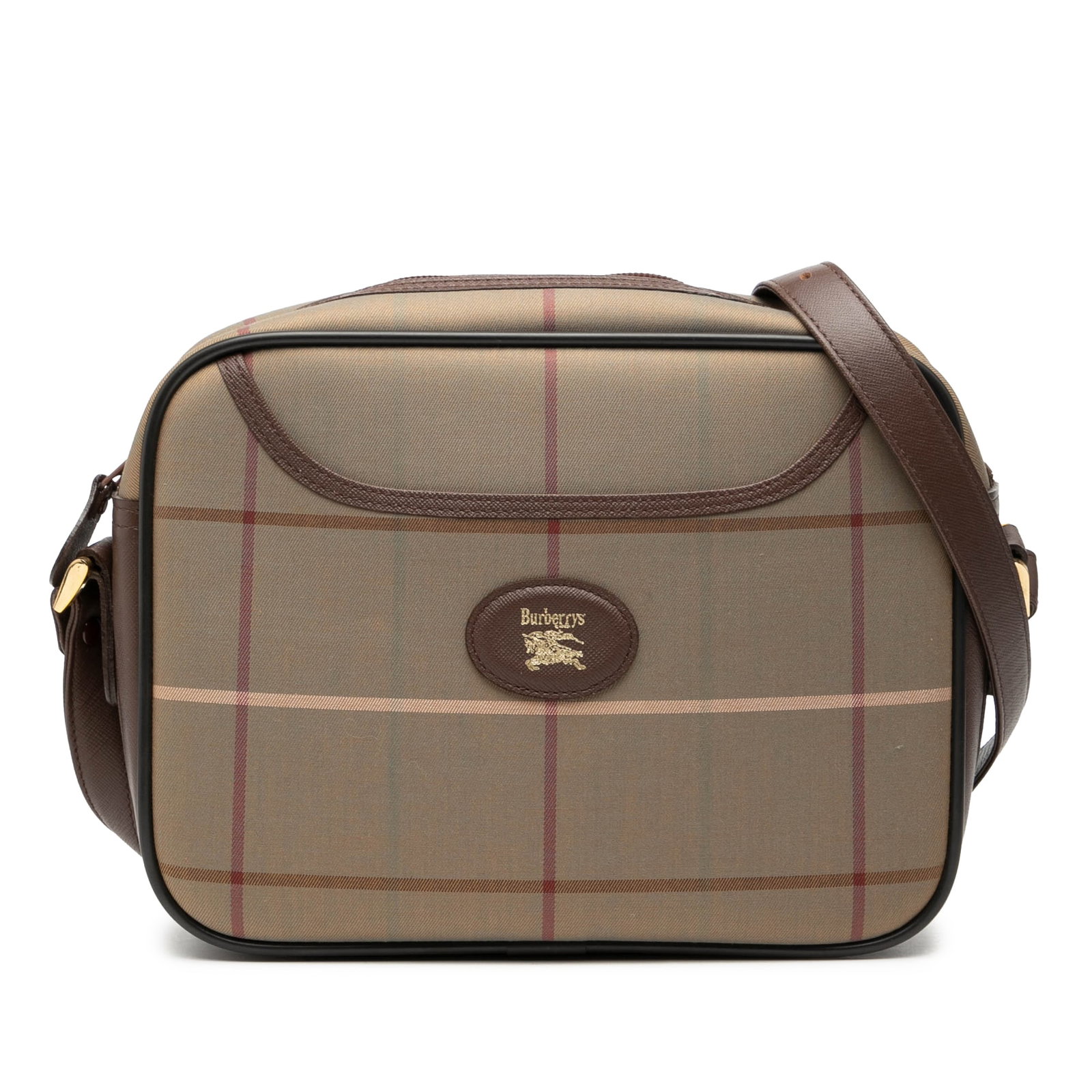 Burberry Crossbody Bag with Vintage Check Canvas and Leather Trim: Burberry Crossbody Bag with Vintage Check Canvas and Leather Trim This Burberry crossbody bag showcases a vintage check canvas body accented with leather trim. It features a flat leather strap, a top 