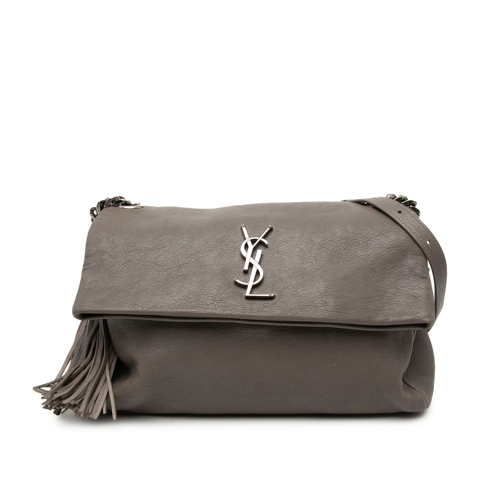 Saint Laurent West Hollywood Gray Leather Crossbody Bag with Tassel Detail: Saint Laurent West Hollywood Gray Leather Crossbody Bag with Tassel Detail This Saint Laurent Medium Grain De Poudre West Hollywood Crossbody bag features a gray leather body with a tassel detail, a s