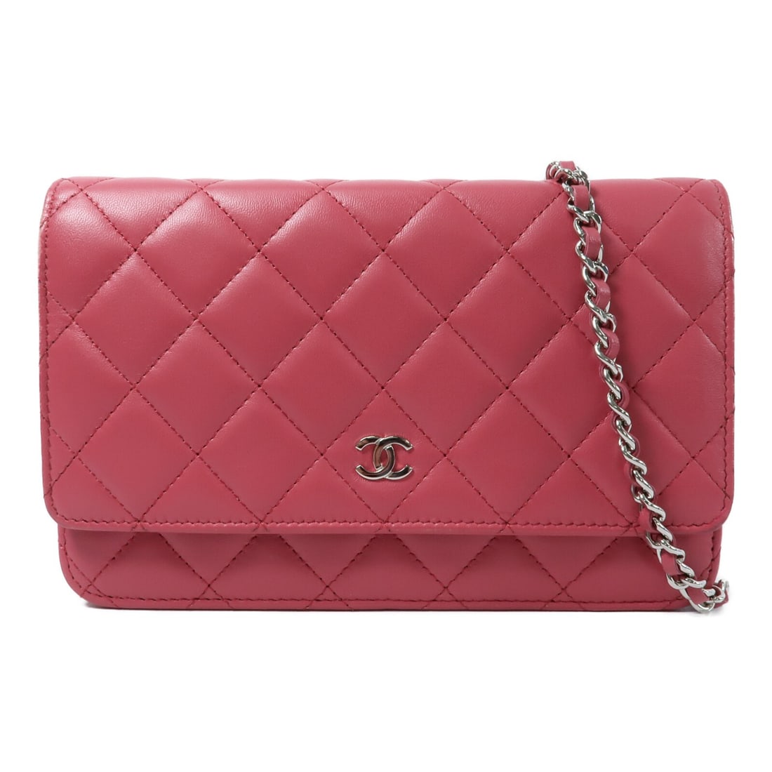 CHANEL Pink Lambskin WOC Shoulder Bag CC SHW: CHANEL Pink Lambskin WOC Shoulder Bag CC SHW This CHANEL Wallet On Chain (WOC) shoulder bag is crafted from luxurious pink lambskin leather. Designed for women, it features a compact silhouette with a