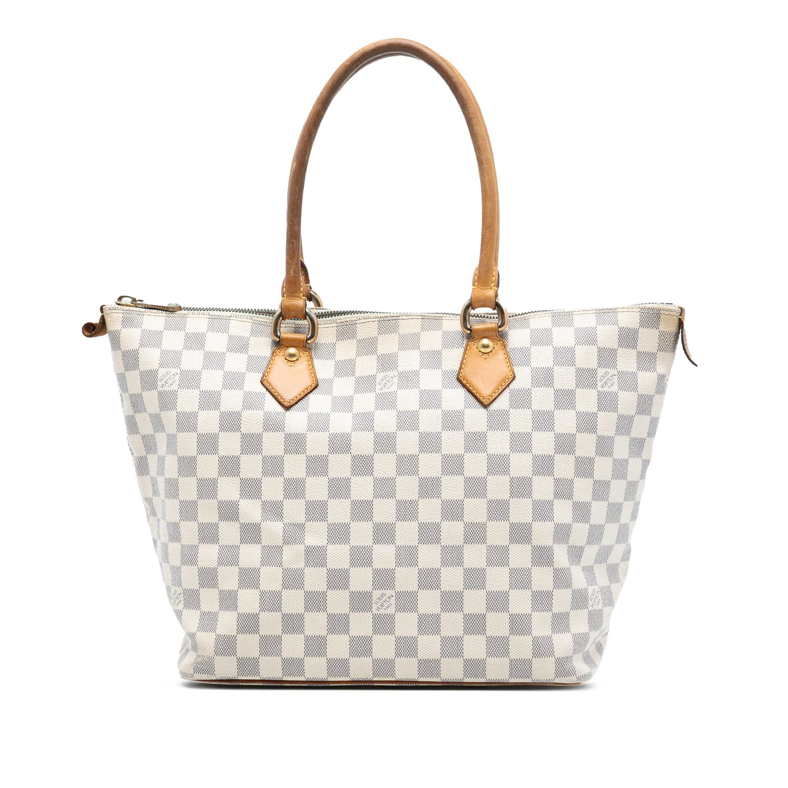 Louis Vuitton Saleya MM Tote in Damier Azur Canvas with Leather Handles: Louis Vuitton Saleya MM Tote in Damier Azur Canvas with Leather Handles This Louis Vuitton Saleya MM features the signature Damier Azur canvas complemented by rolled vachetta leather handles. The bag 