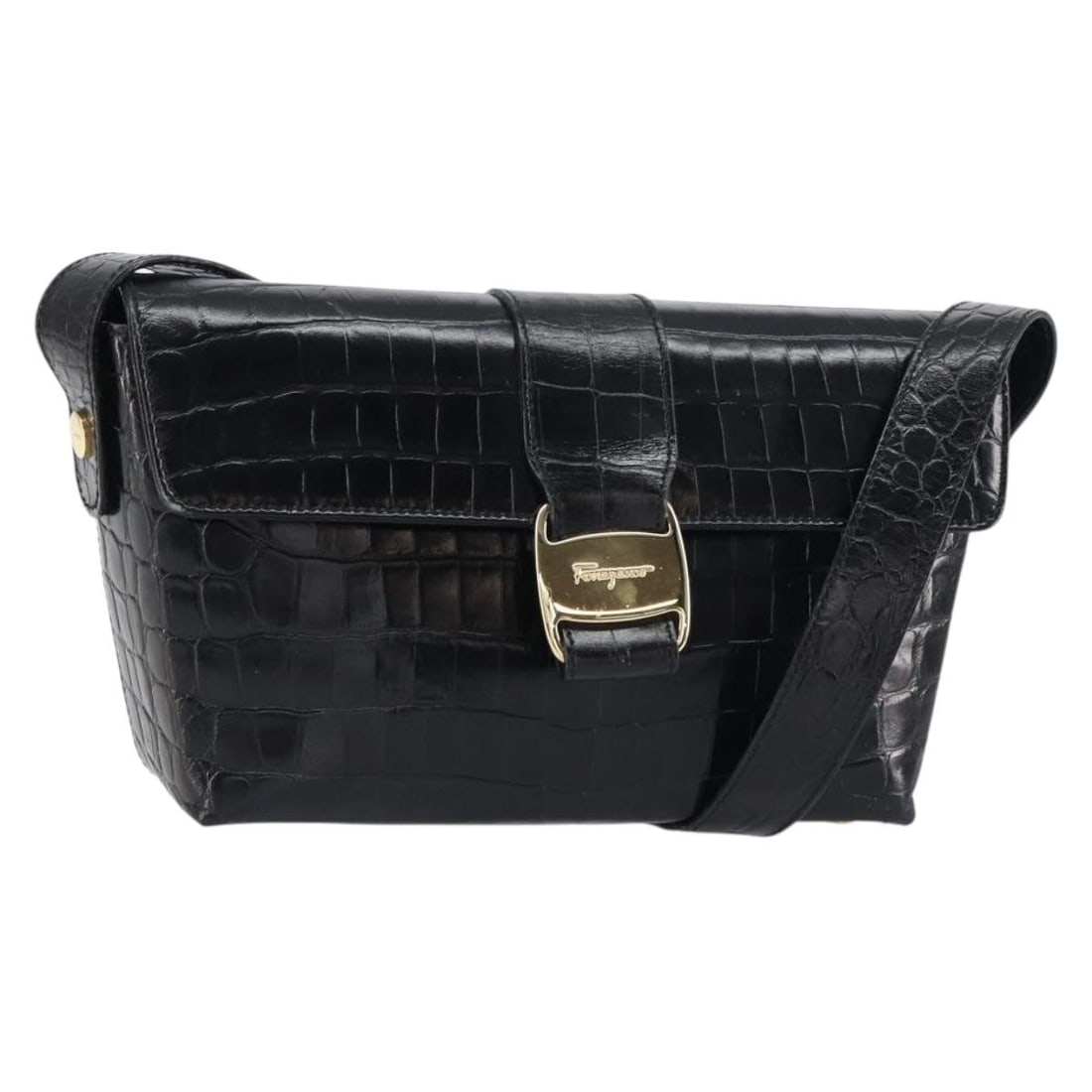 Black Embossed Leather Vala Shoulder Bag by Salvatore Ferragamo (1 of 18)
