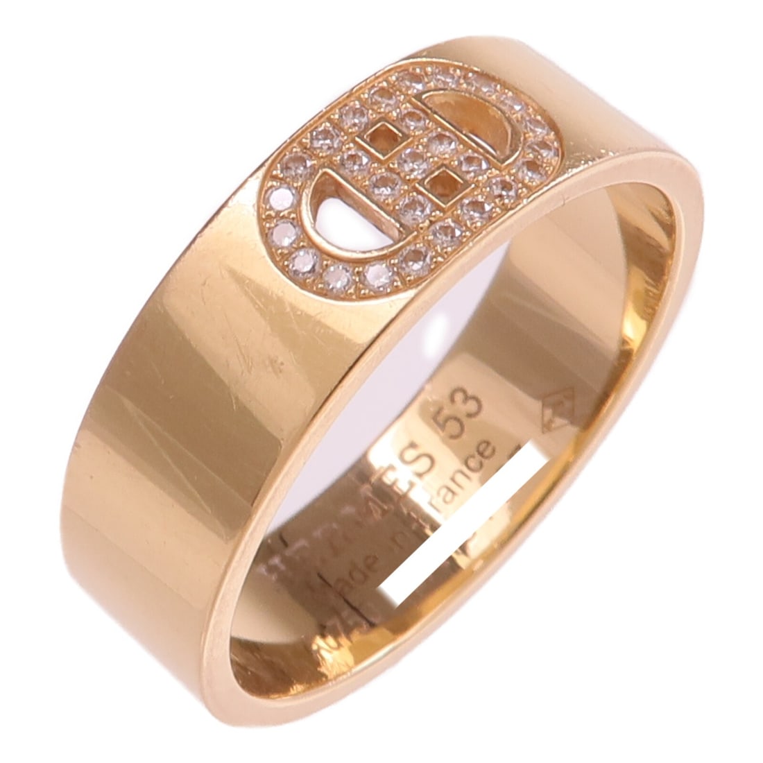 Hermes H d'ancre 18K Rose Gold Diamond Ring Size 6.5: Hermes H d'ancre 18K Rose Gold Diamond Ring Size 6.5 This HERMES H d'ancre ring is crafted from 18K rose gold and features a diamond accent. Designed for women, it is a size US 6.5 and showcases the b