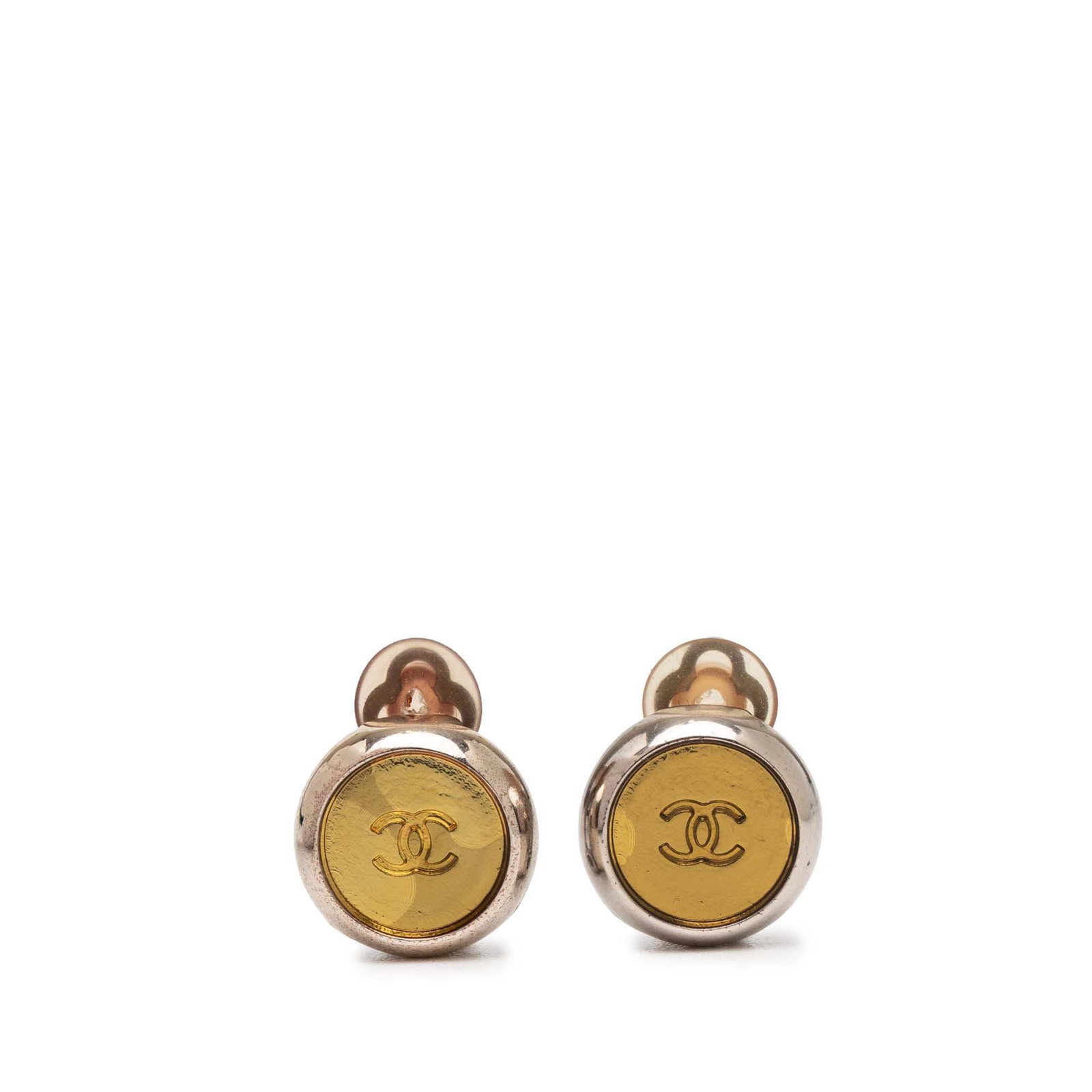 Chanel CC Round Clip Earrings in Gold and Silver Tone Metal: Chanel CC Round Clip Earrings in Gold and Silver Tone Metal These Chanel clip-on earrings feature a classic round design with both gold-tone and silver-tone metal bodies. The iconic CC motif is highli
