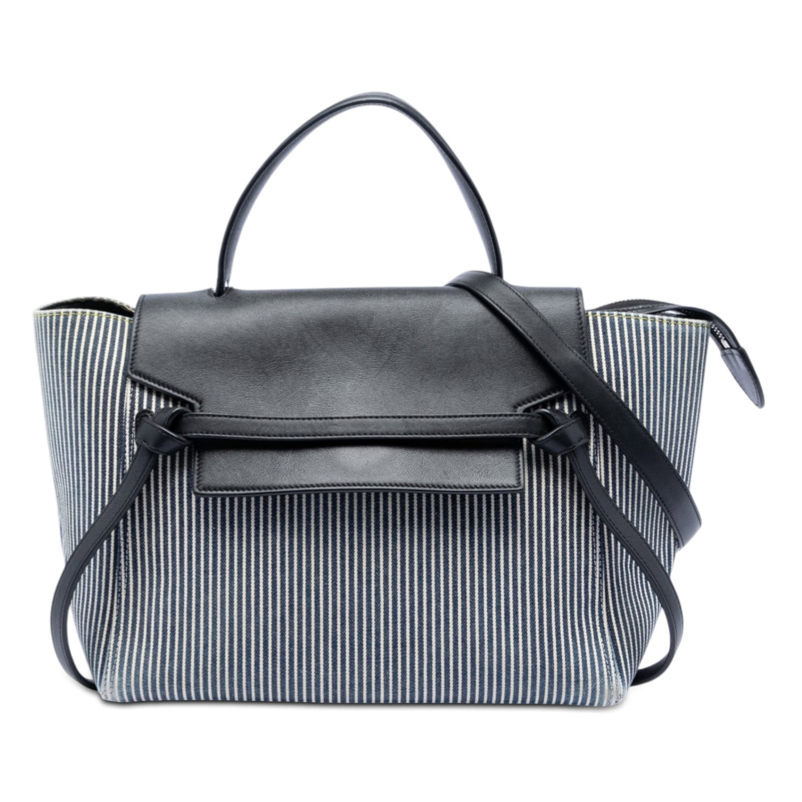 Celine Mini Striped Canvas Leather Belt Bag with Detachable Strap: Celine Mini Striped Canvas Leather Belt Bag with Detachable Strap This Celine Mini Striped Canvas and Leather Belt Bag features a canvas body accented with leather trim, a flat leather handle, and a d