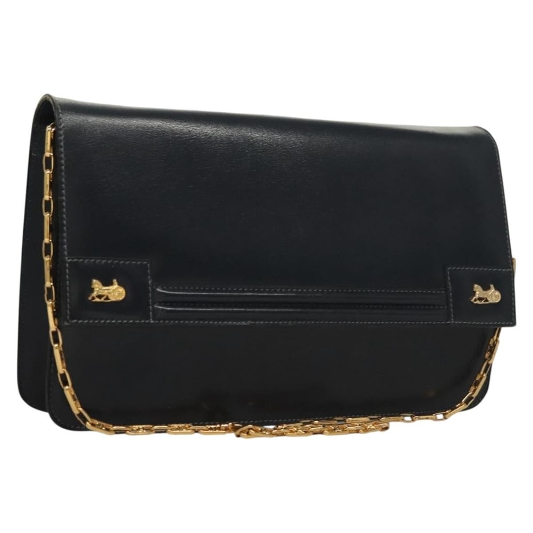 CELINE Navy Gold Leather Hand Bag with 11.8 Inch Handle Drop Made in Italy: CELINE Navy Gold Leather Hand Bag with 11.8 Inch Handle Drop Made in Italy This elegant CELINE chain hand bag showcases a stunning navy leather exterior complemented by gold accents. Crafted in Italy,